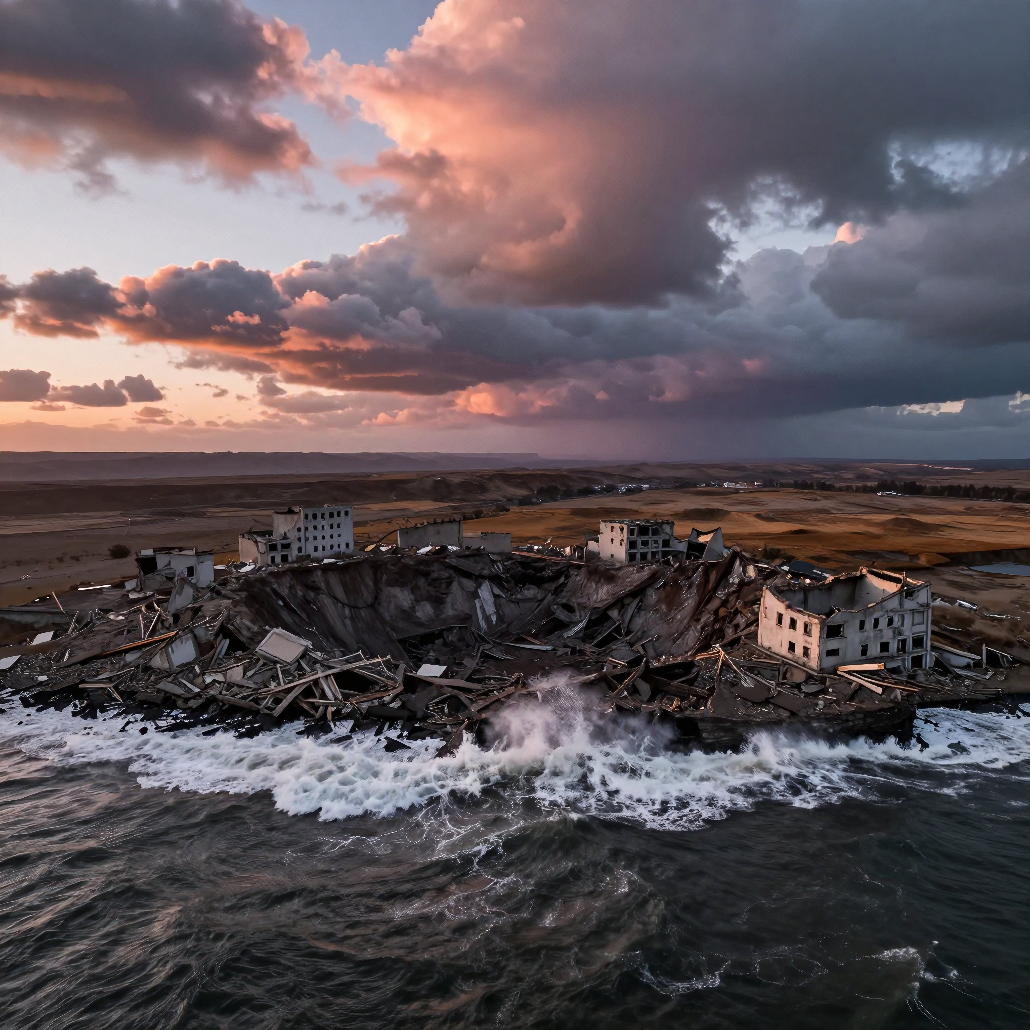Post-apocalyptic coastal ruins at dusk with crashing ocean waves, destroyed city buildings, dramatic sunset sky, and desert landscape.