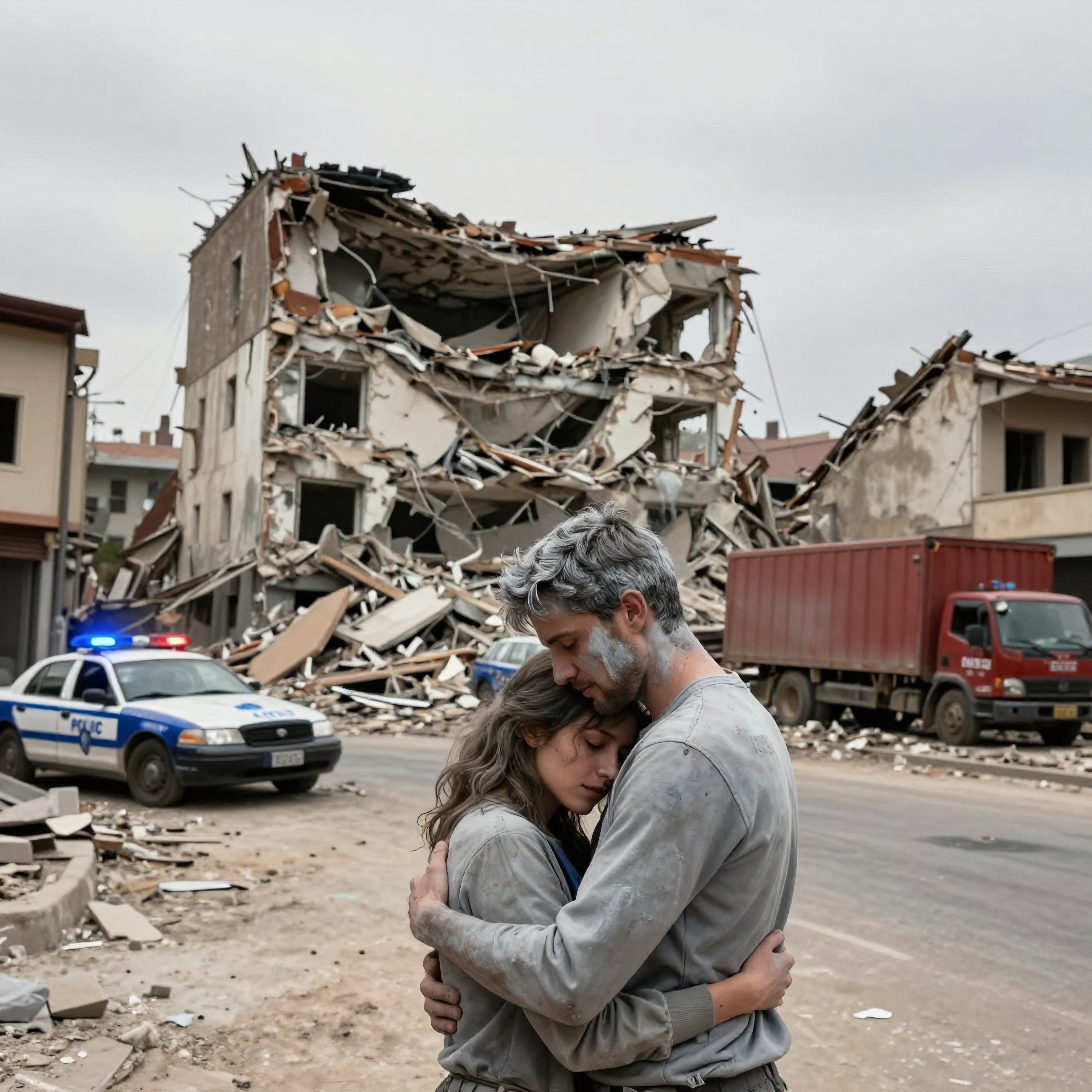 Couple embraces amidst post-disaster urban rubble scene
