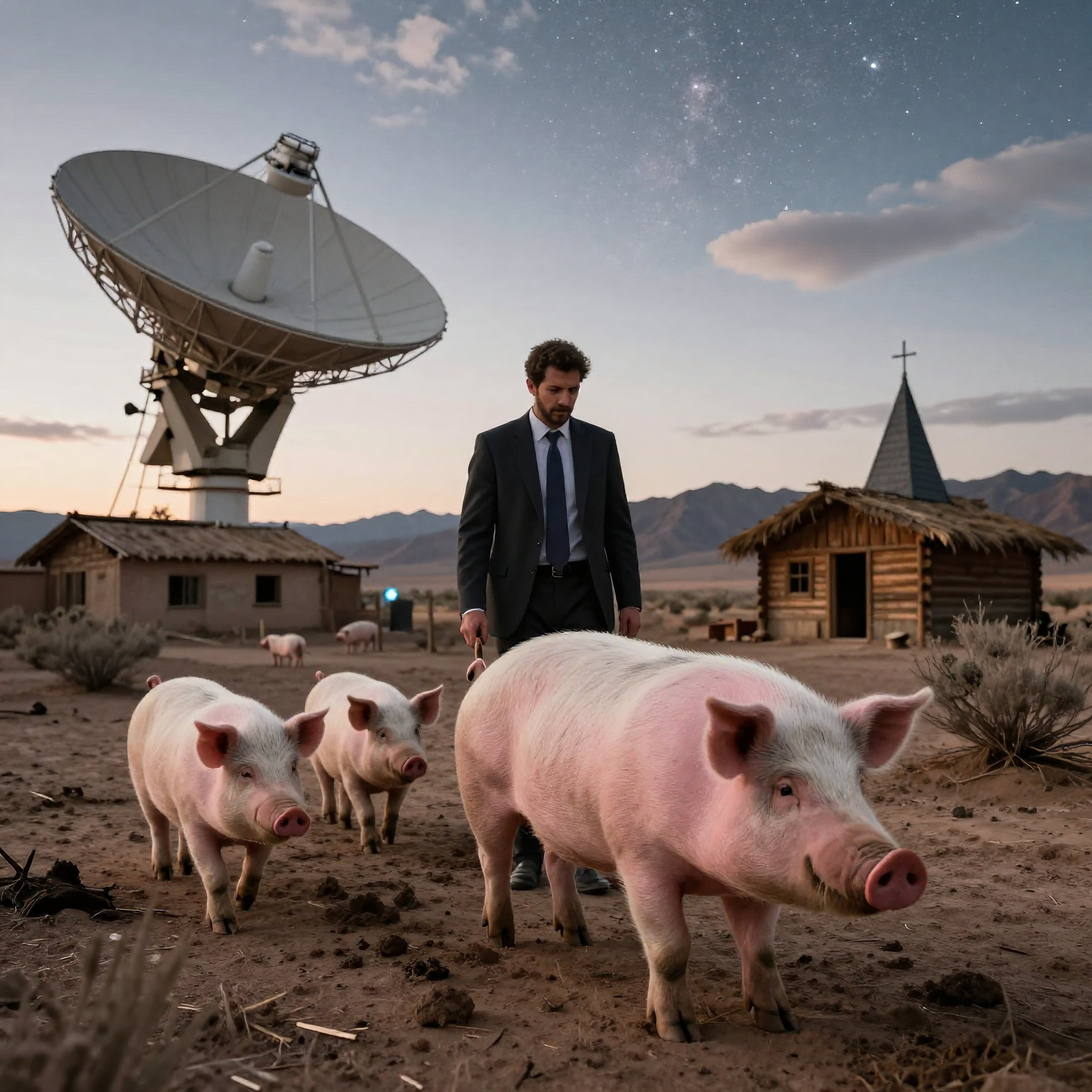 Man in suit herding pigs near satellite dish and chapel under starry sky