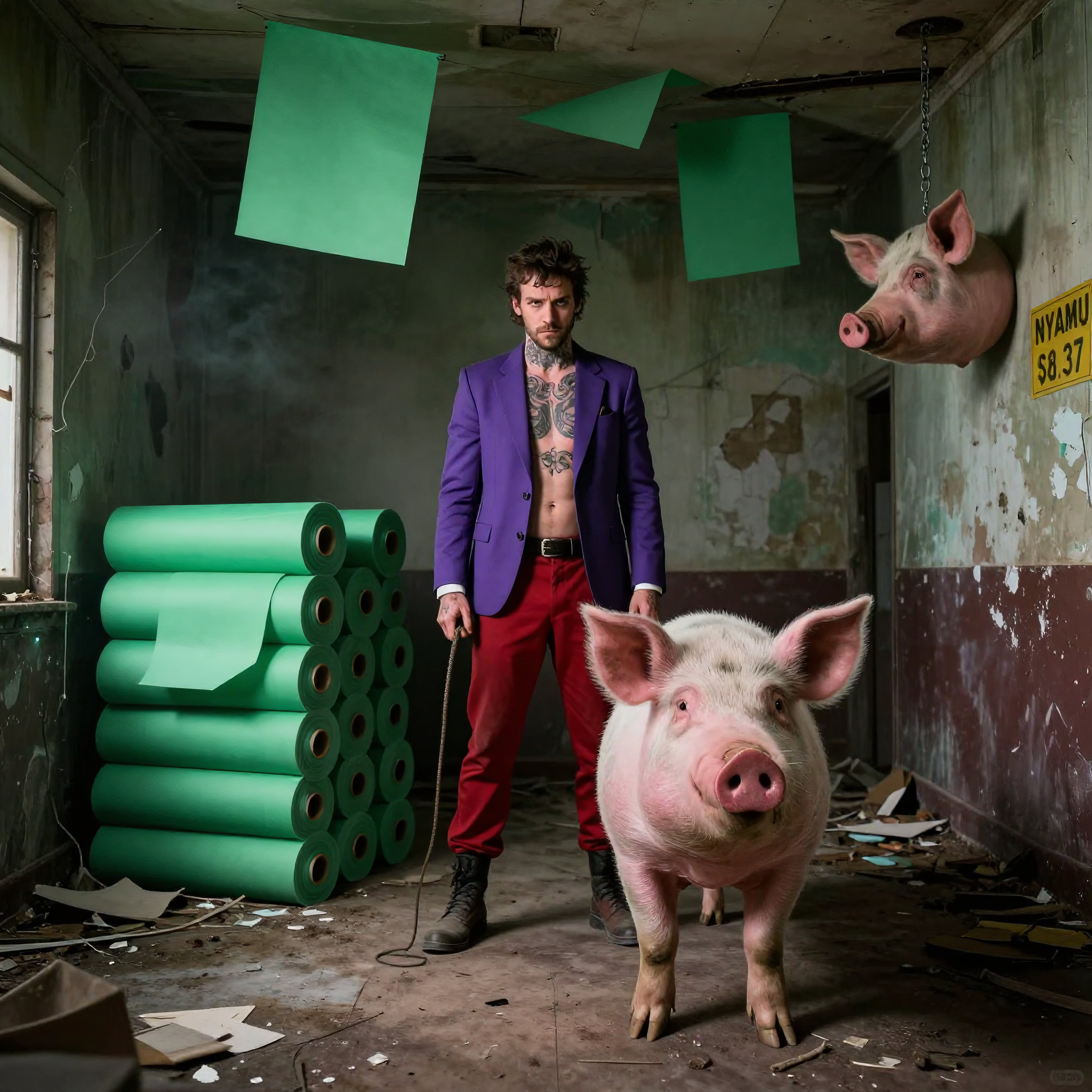 Man in purple blazer holding pig leash in dilapidated room with green rolls and mounted pig head
