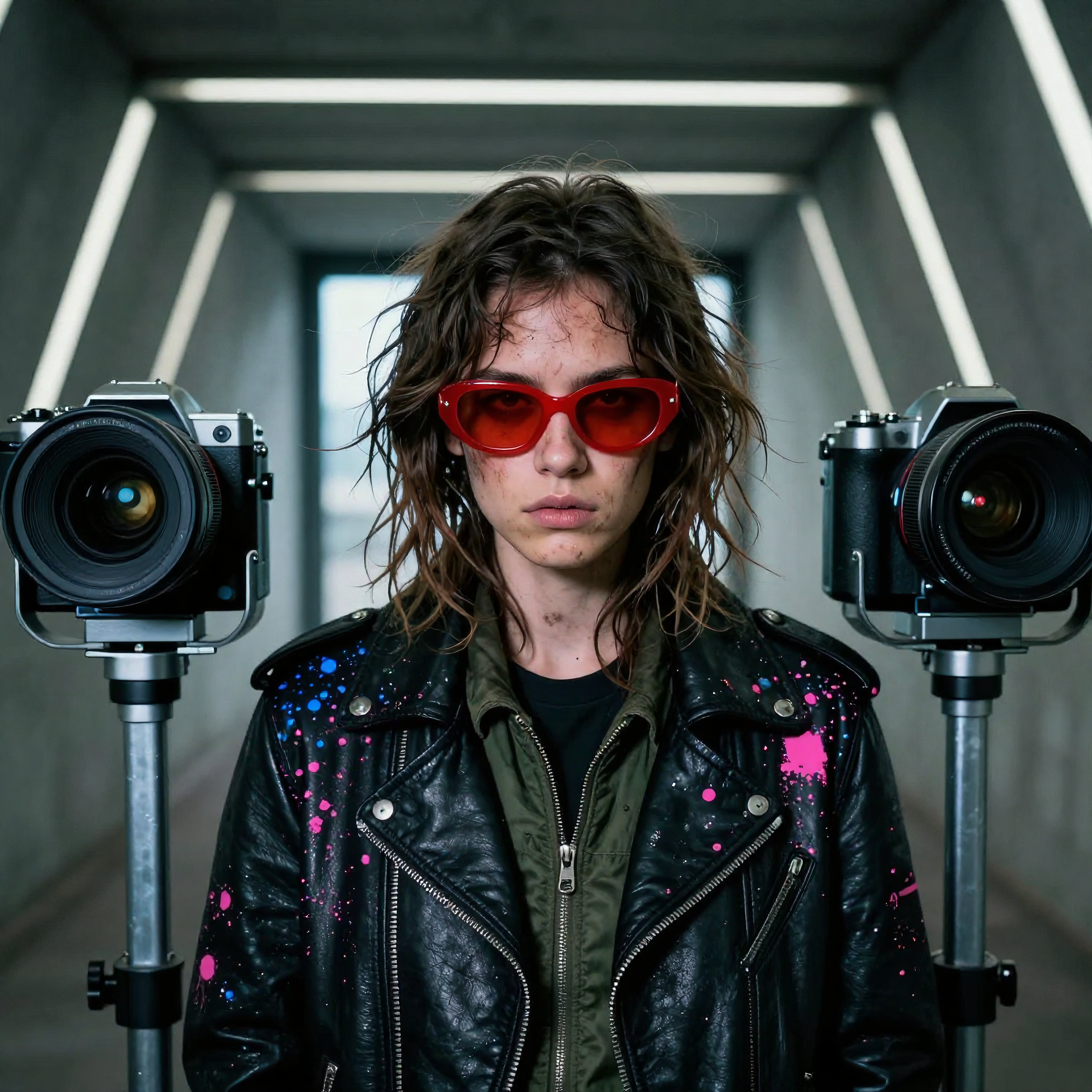 Person with red sunglasses, paint-splattered leather jacket, between two cameras in industrial corridor