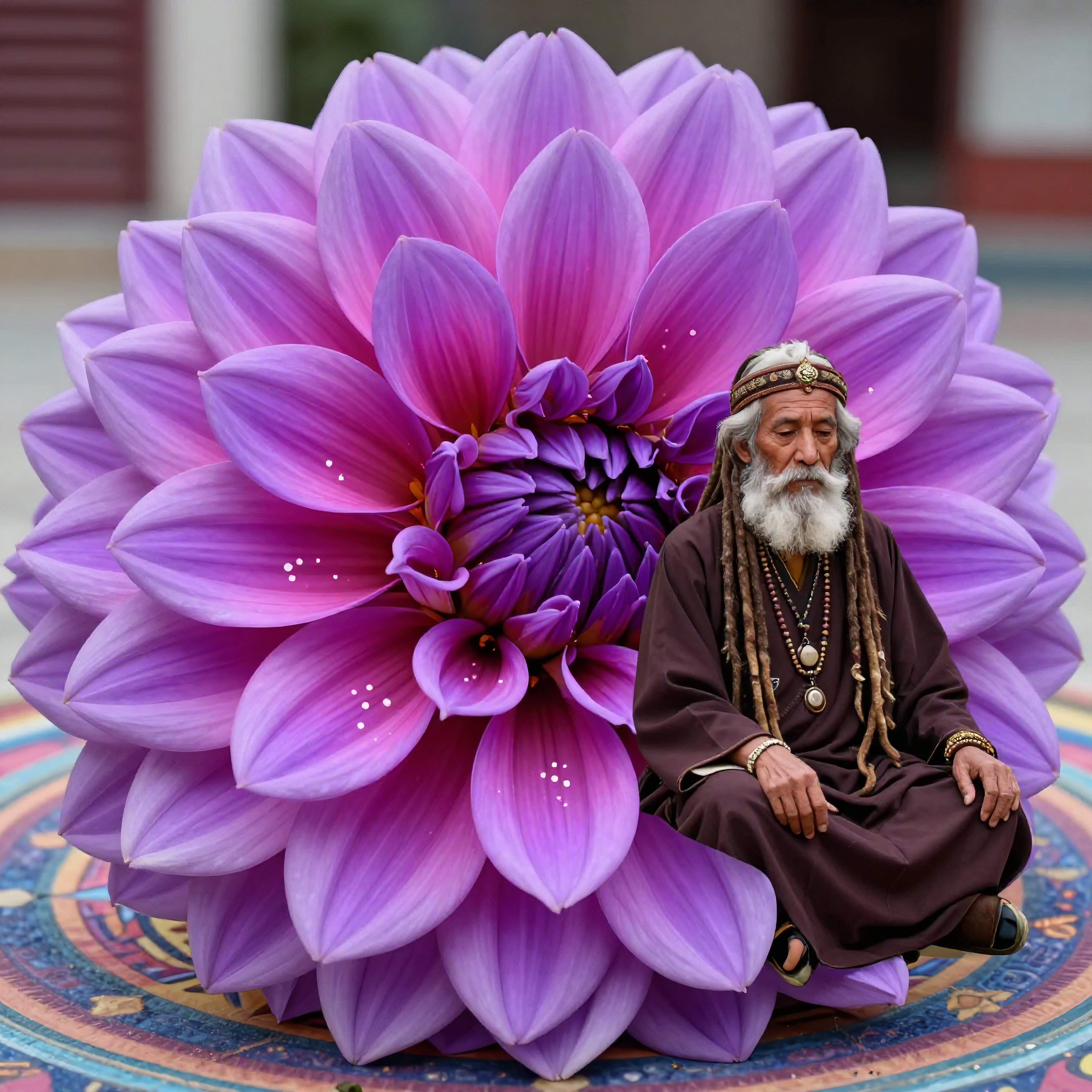 Elderly man meditates with giant purple flower.