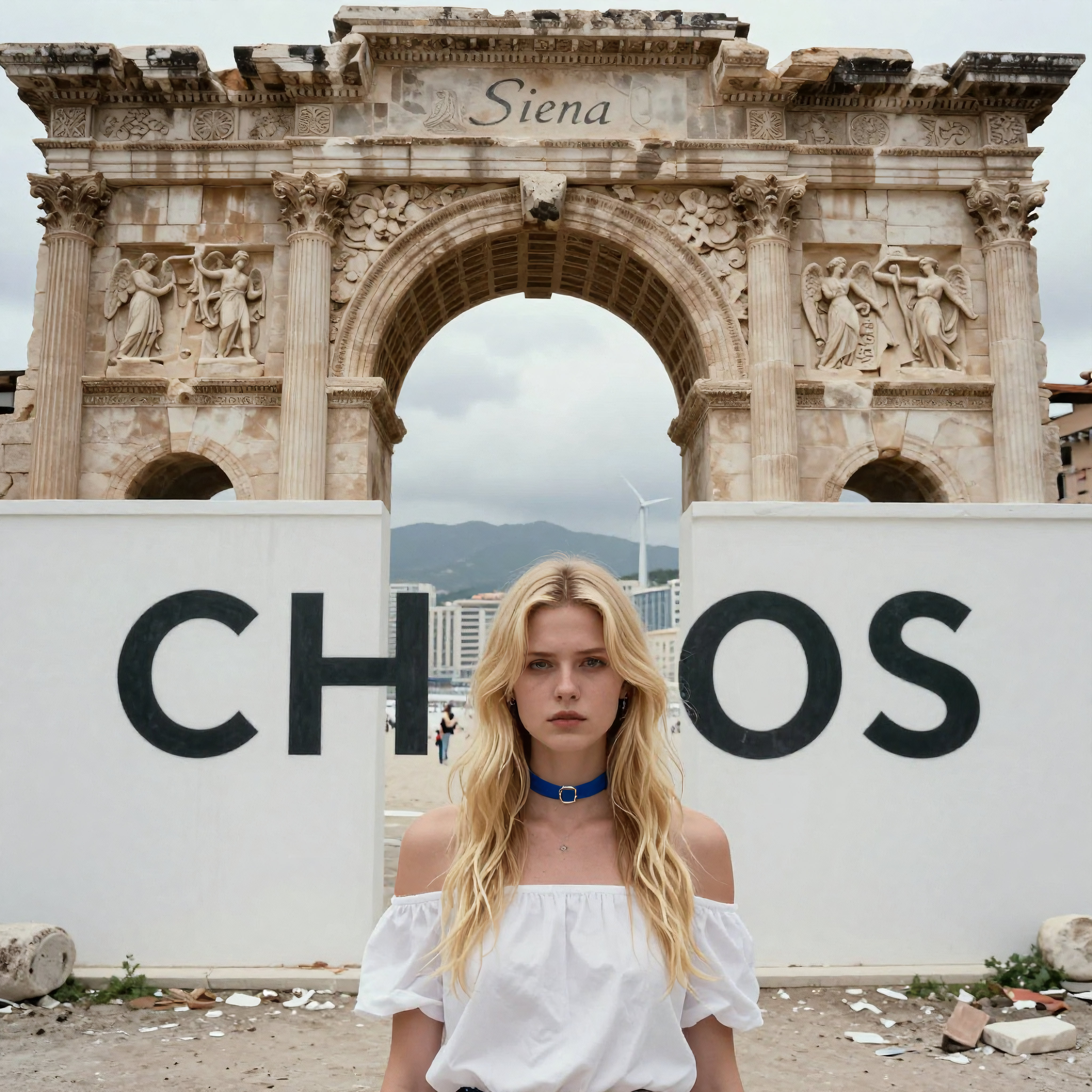 Woman posing before historic Siena-style arch with "CHAOS" signage, blending antiquity and modernity
