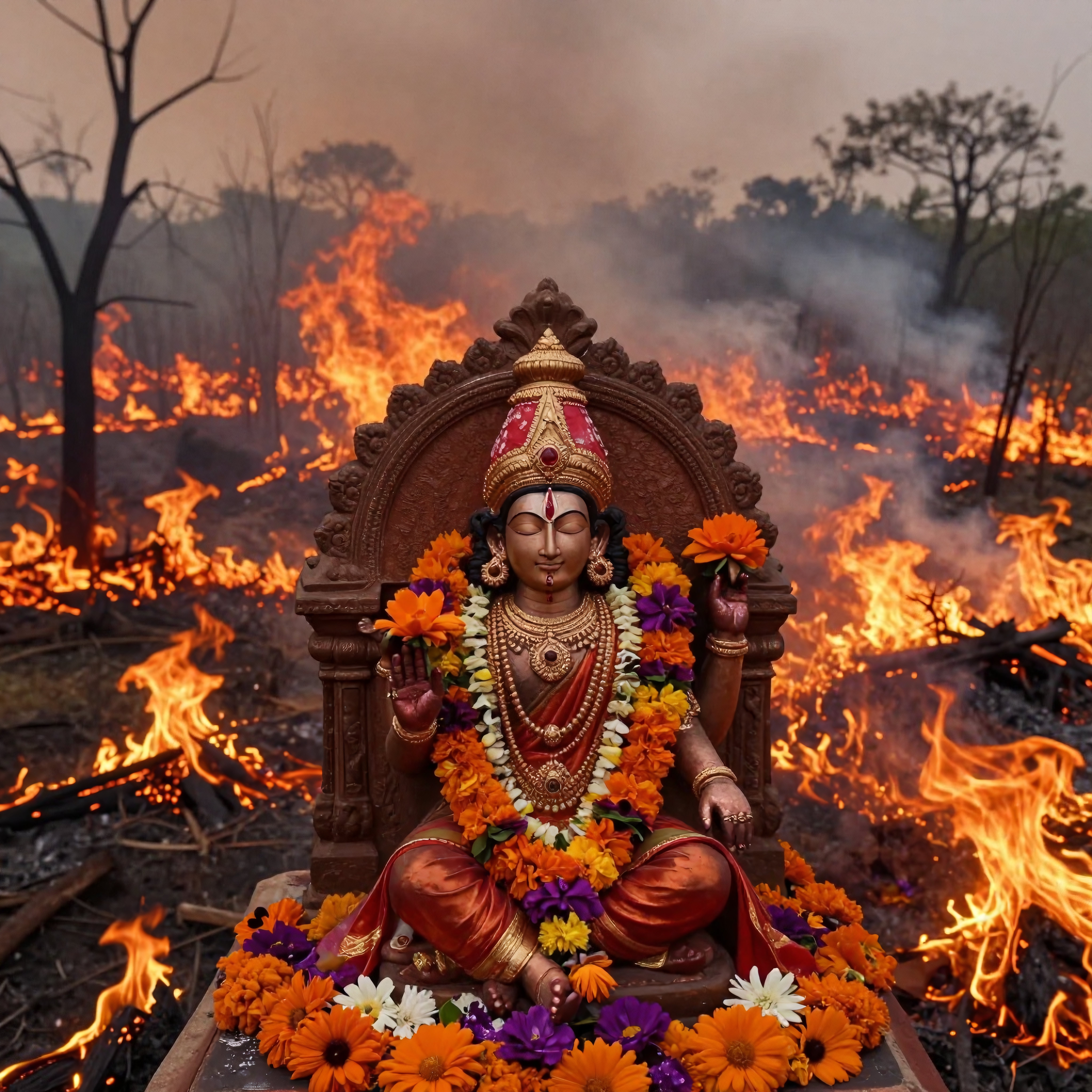 A deity statue adorned with flowers amidst a forest fire backdrop.