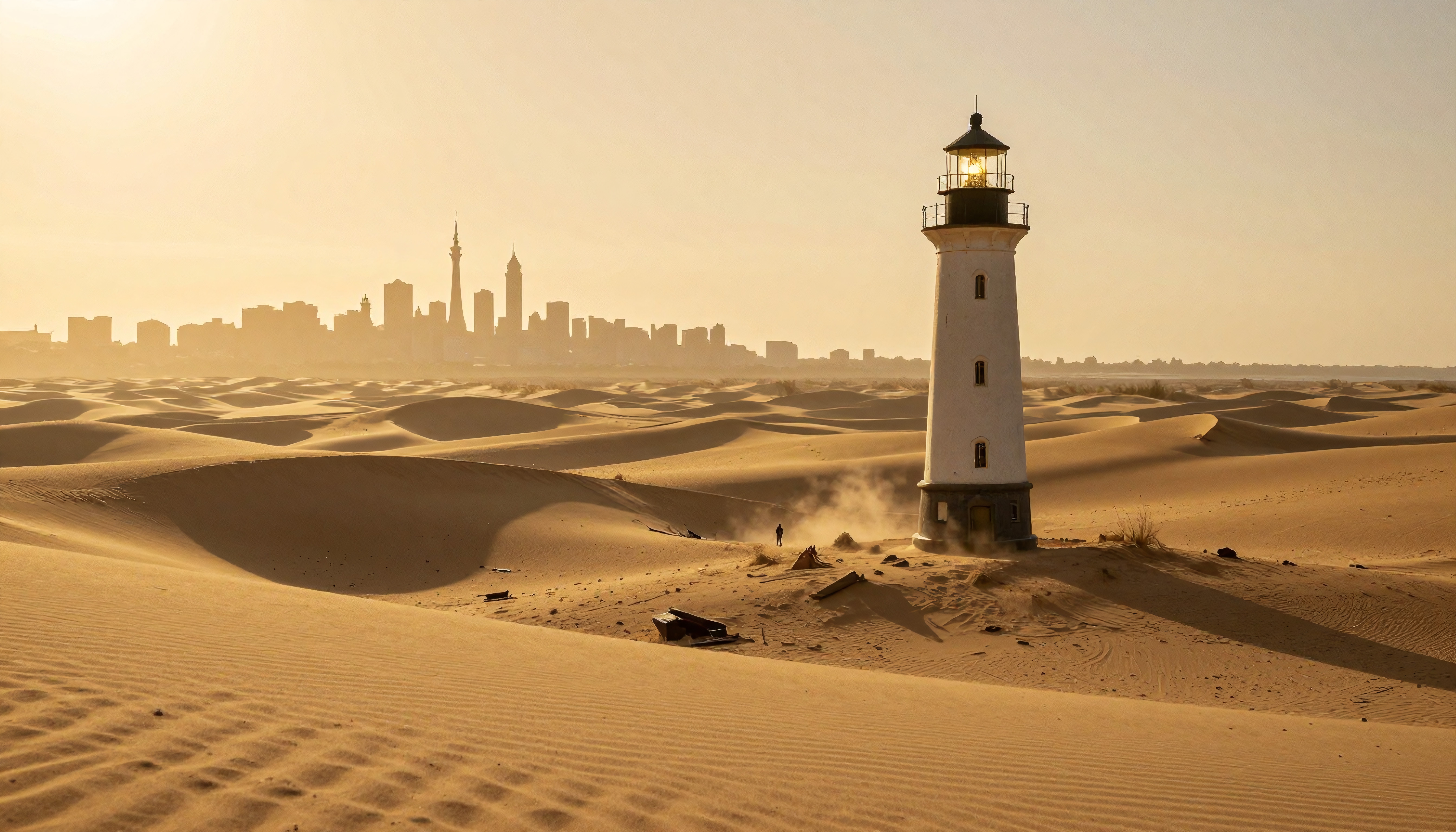 A white lighthouse on desert dunes with a distant city skyline.