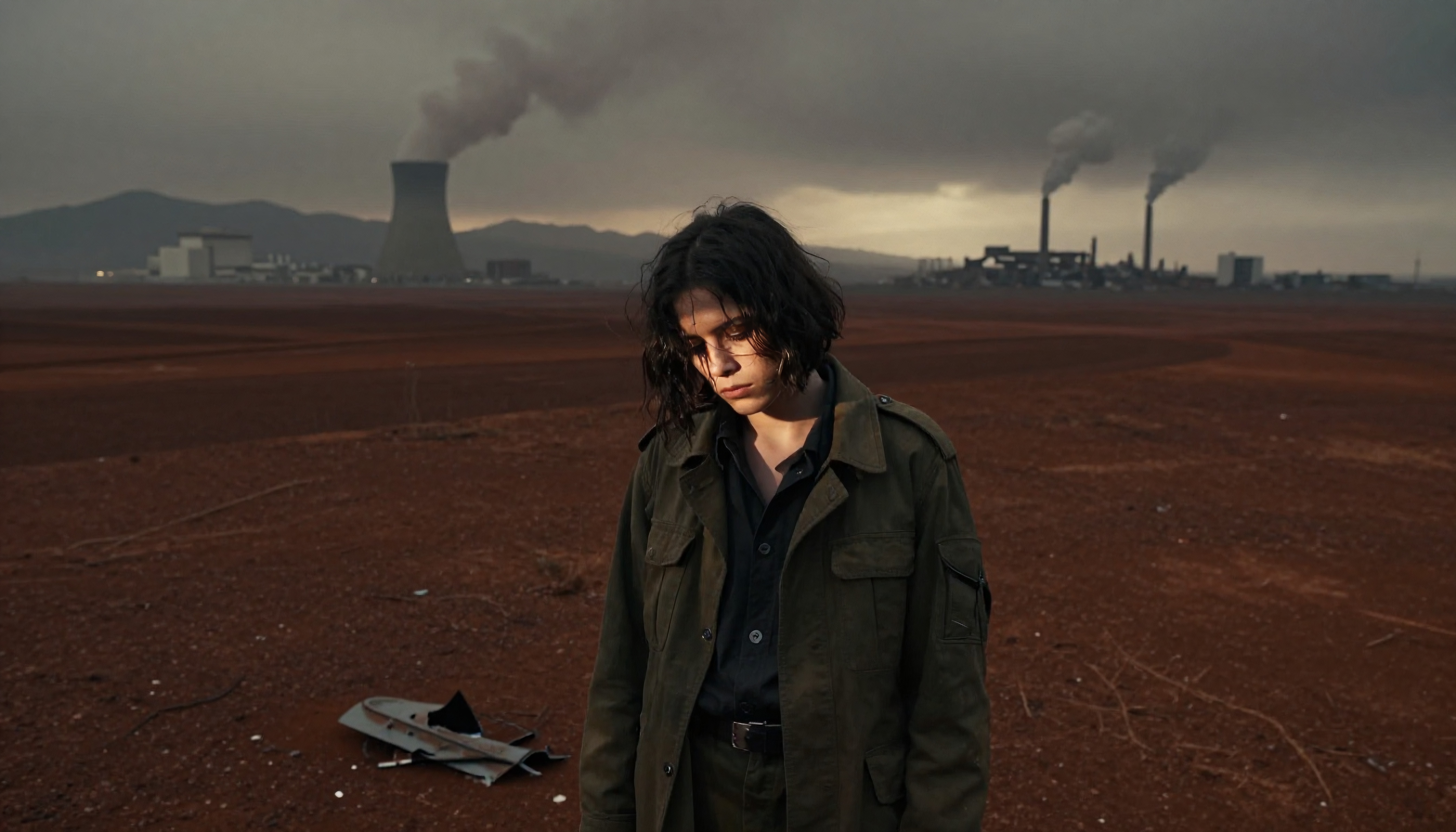 A person stands in a deserted reddish industrial landscape with smokestacks and a cooling tower in the background.