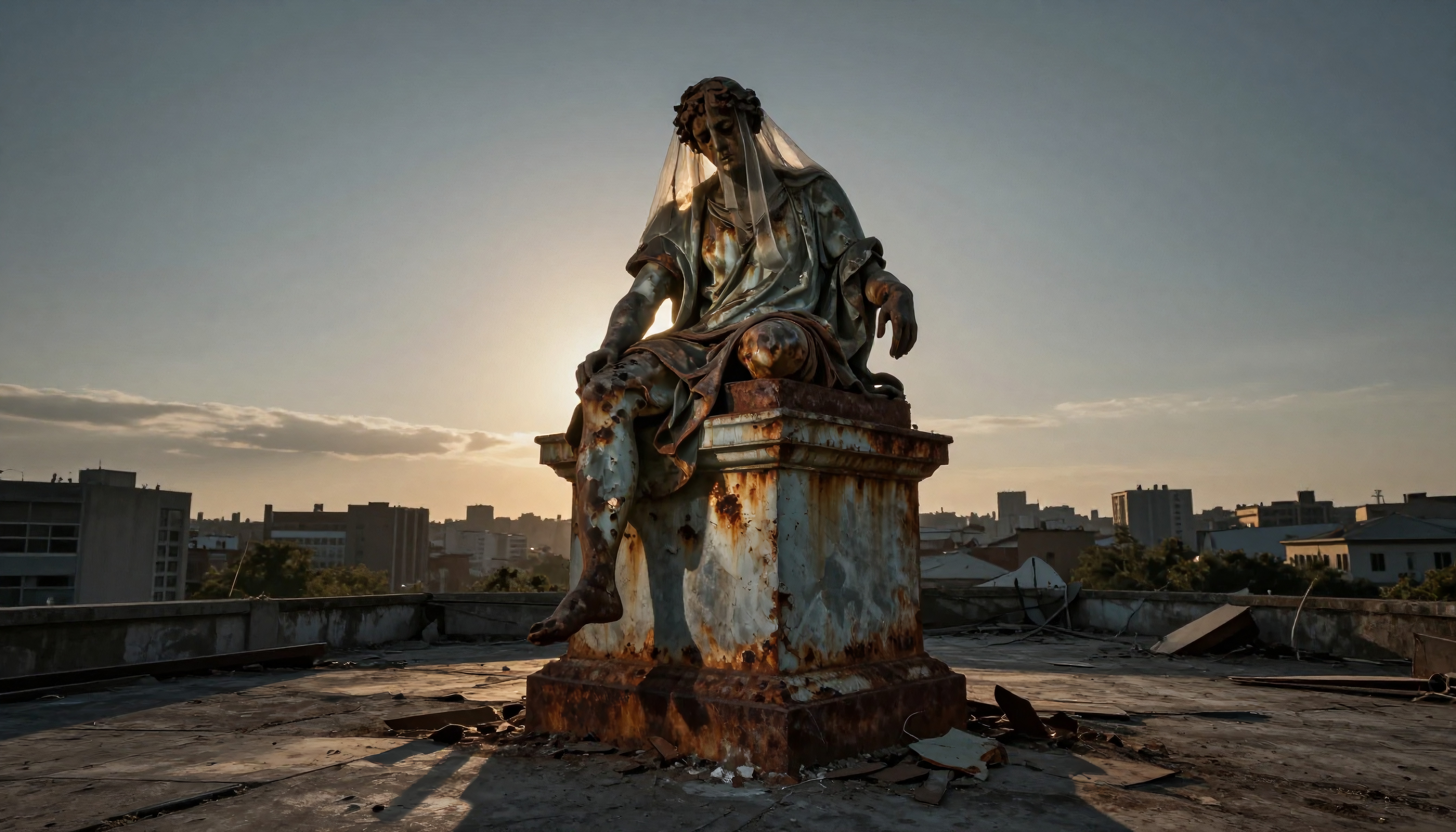 A rusted statue on a rooftop at sunset with cityscape in the background.