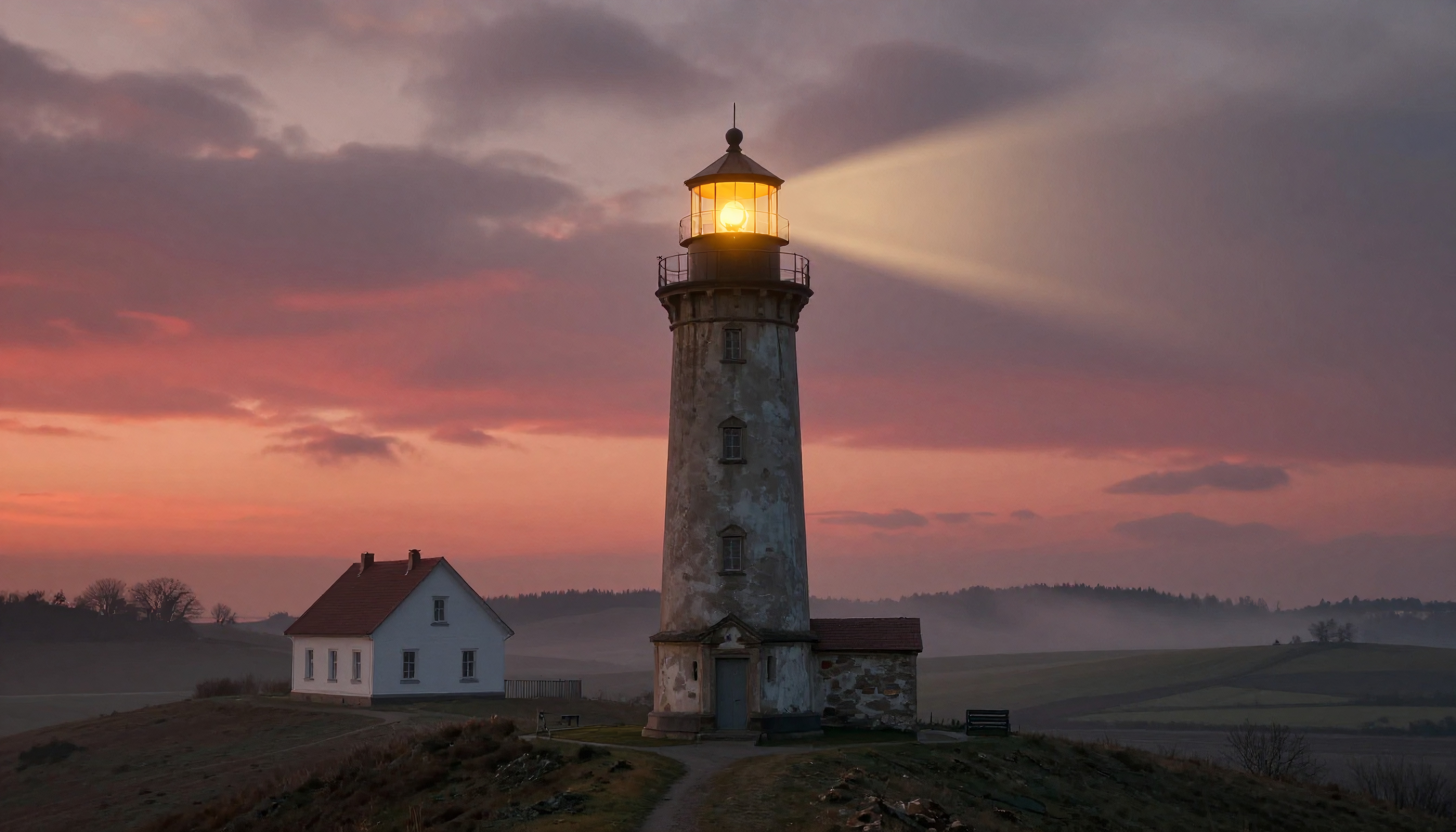 Lighthouse illuminated at sunset, guiding through twilight.