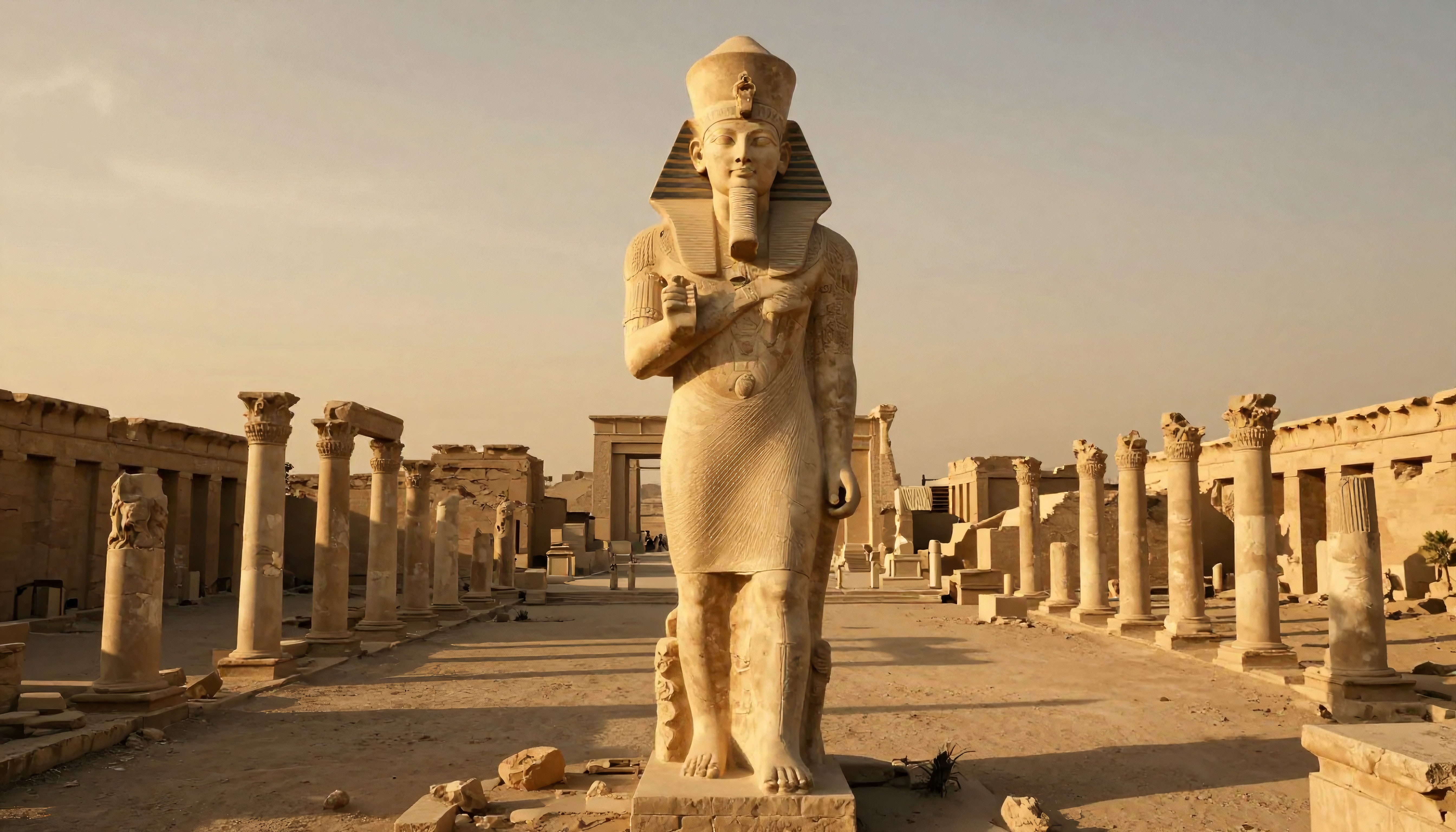 An ancient Egyptian pharaoh statue stands amidst ruins, surrounded by columns under a clear sky.