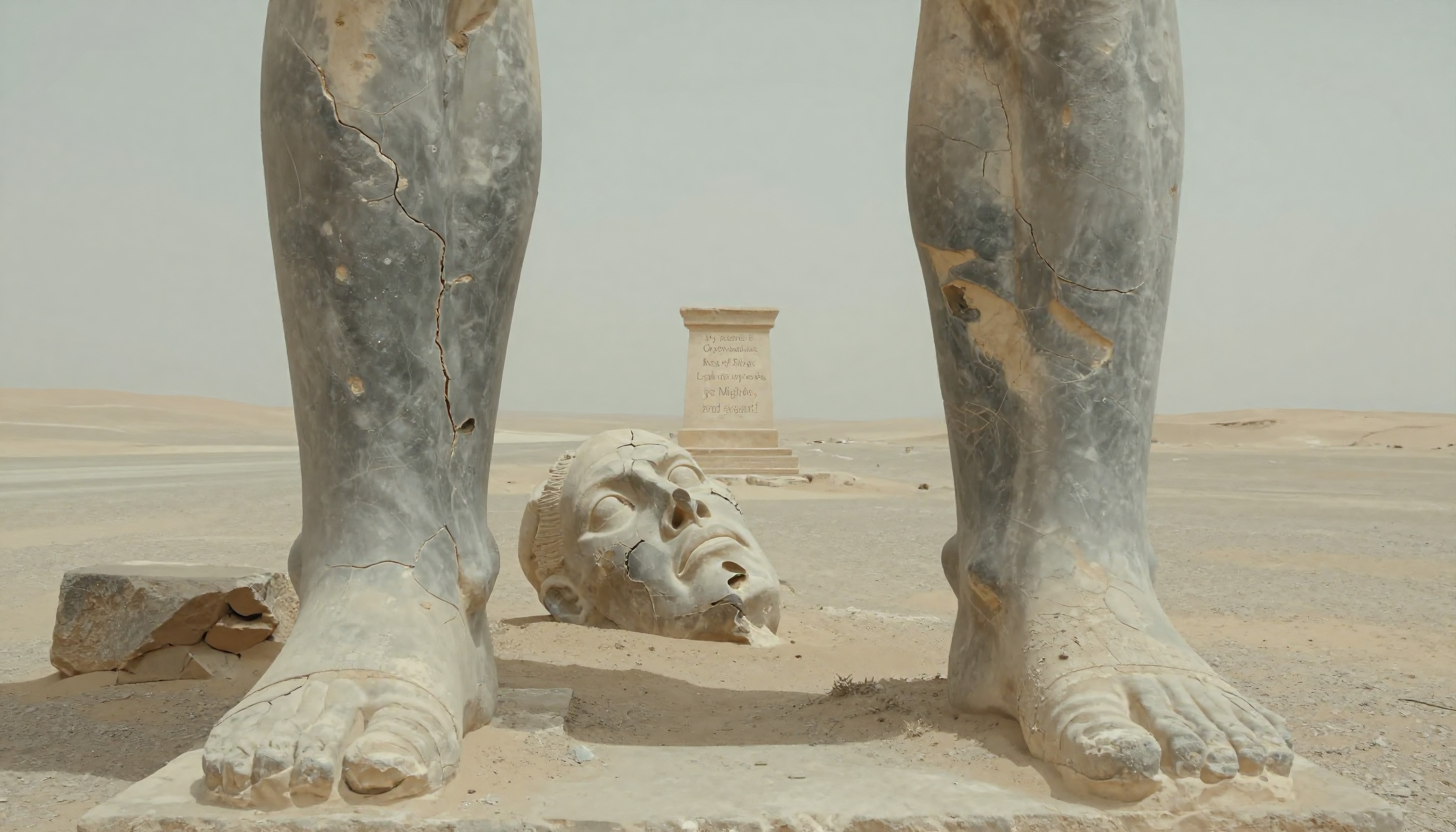 Ancient ruins of a colossal statue amidst a desolate desert landscape.
