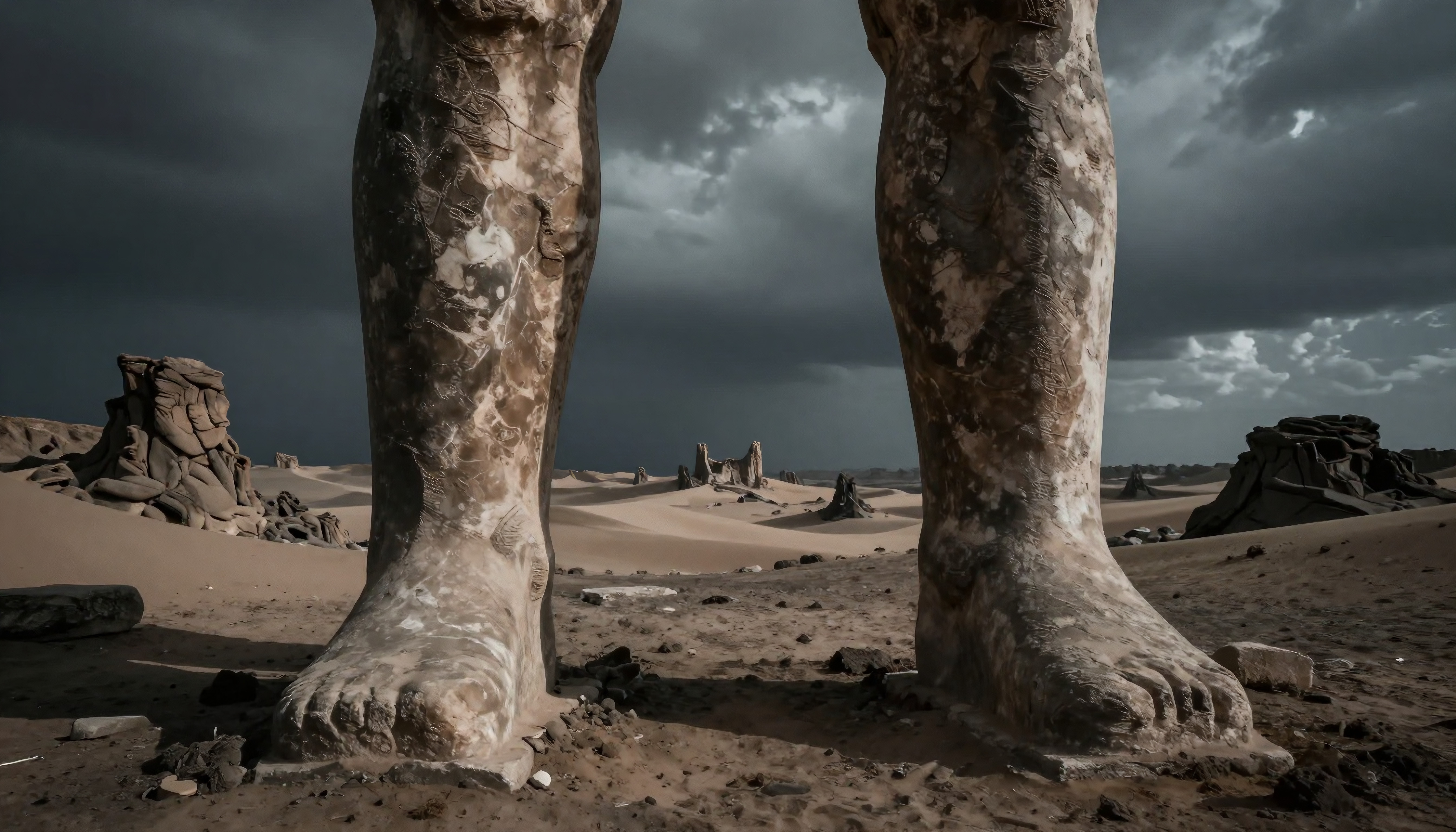 Image of massive stone feet in desert sand against a dramatic sky.