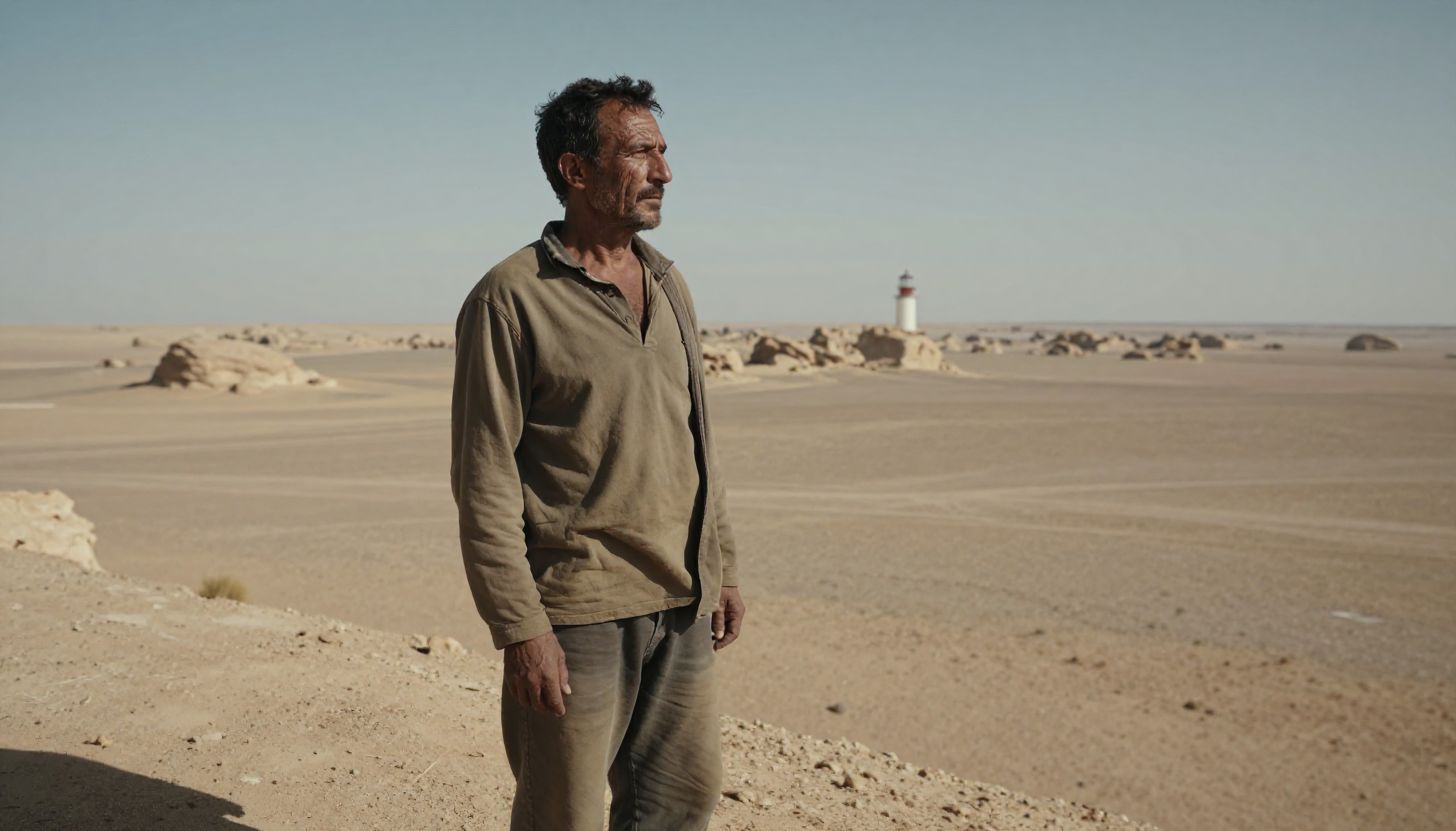 A man stands in a vast desert with a distant lighthouse, evoking solitude.
