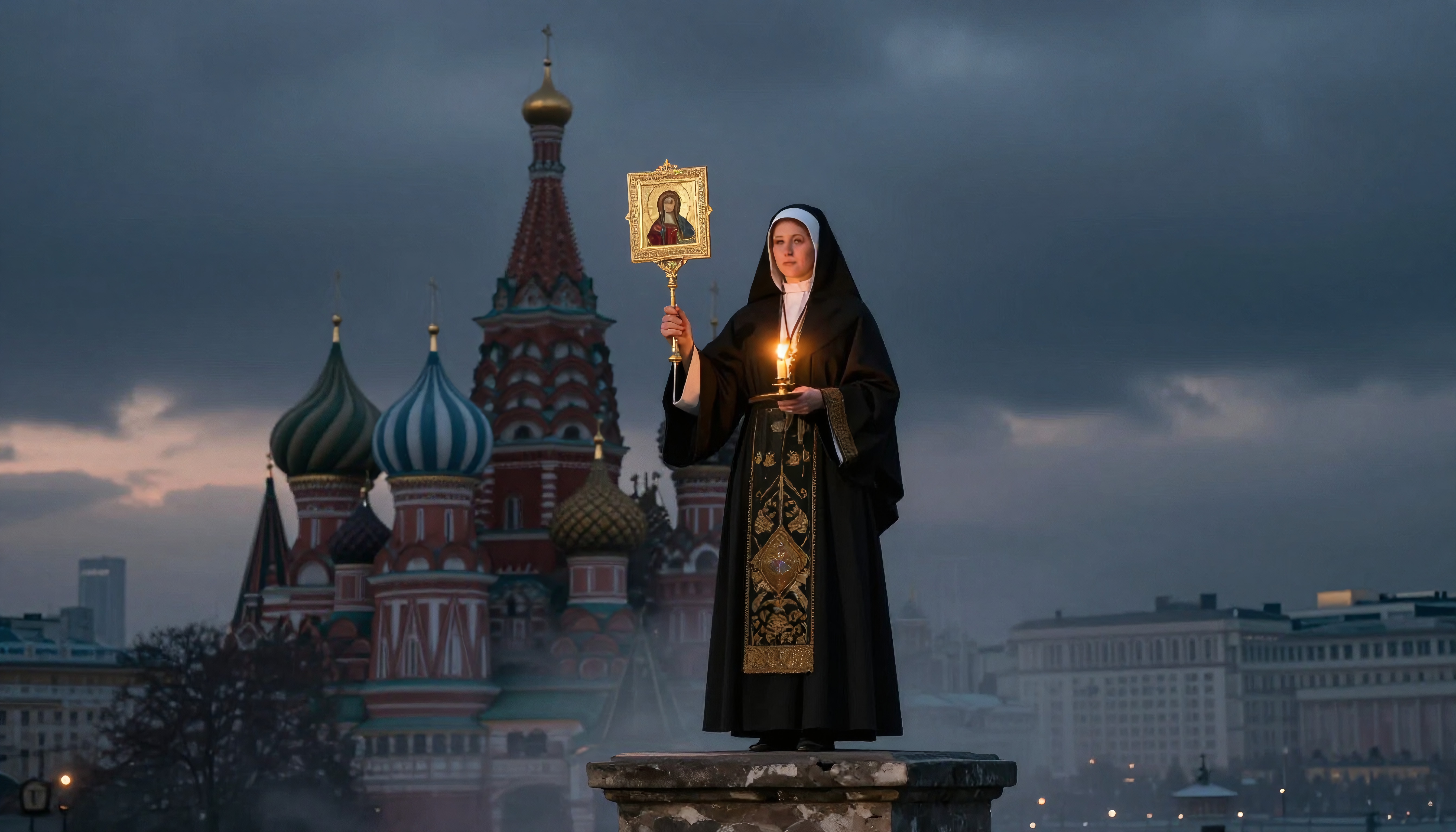 A nun holds a candle near Moscow's St. Basil's Cathedral.