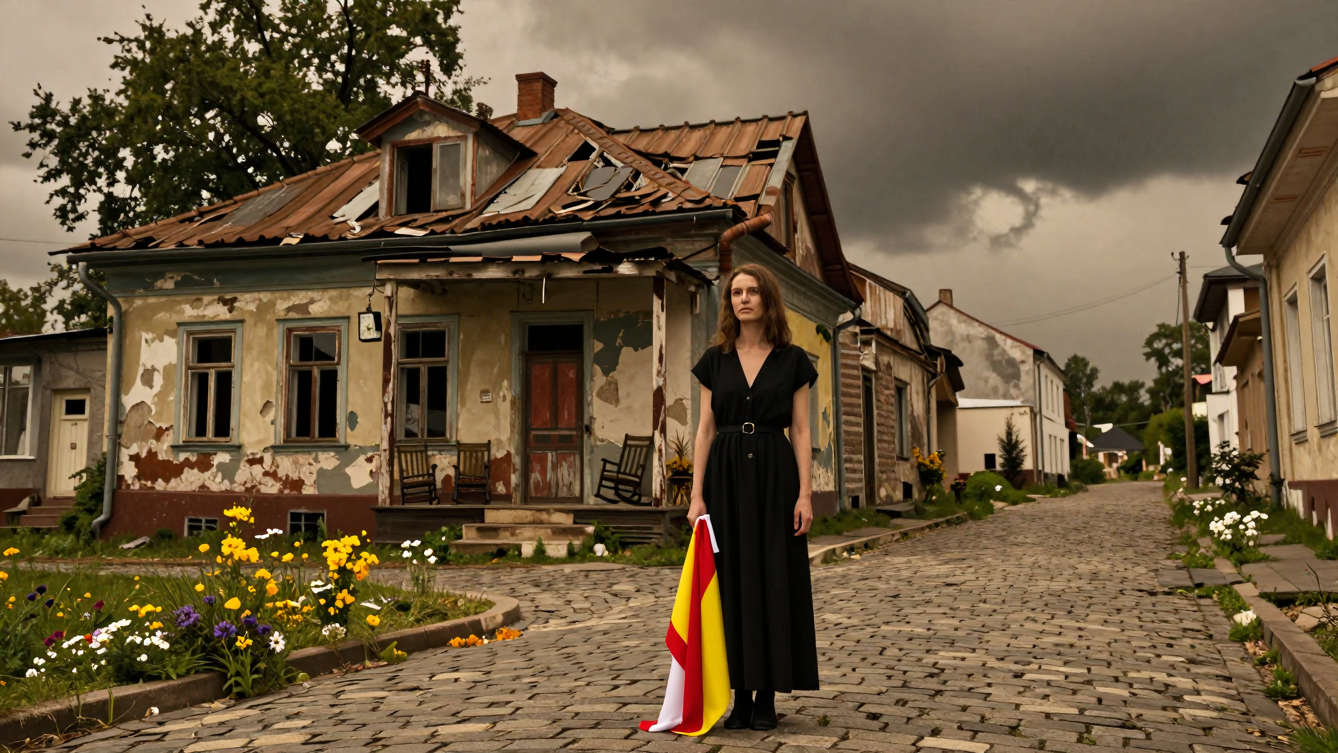 Woman holds colorful flag standing alone on cobblestone street beside decaying buildings surrounded by wildflowers under gloomy skies