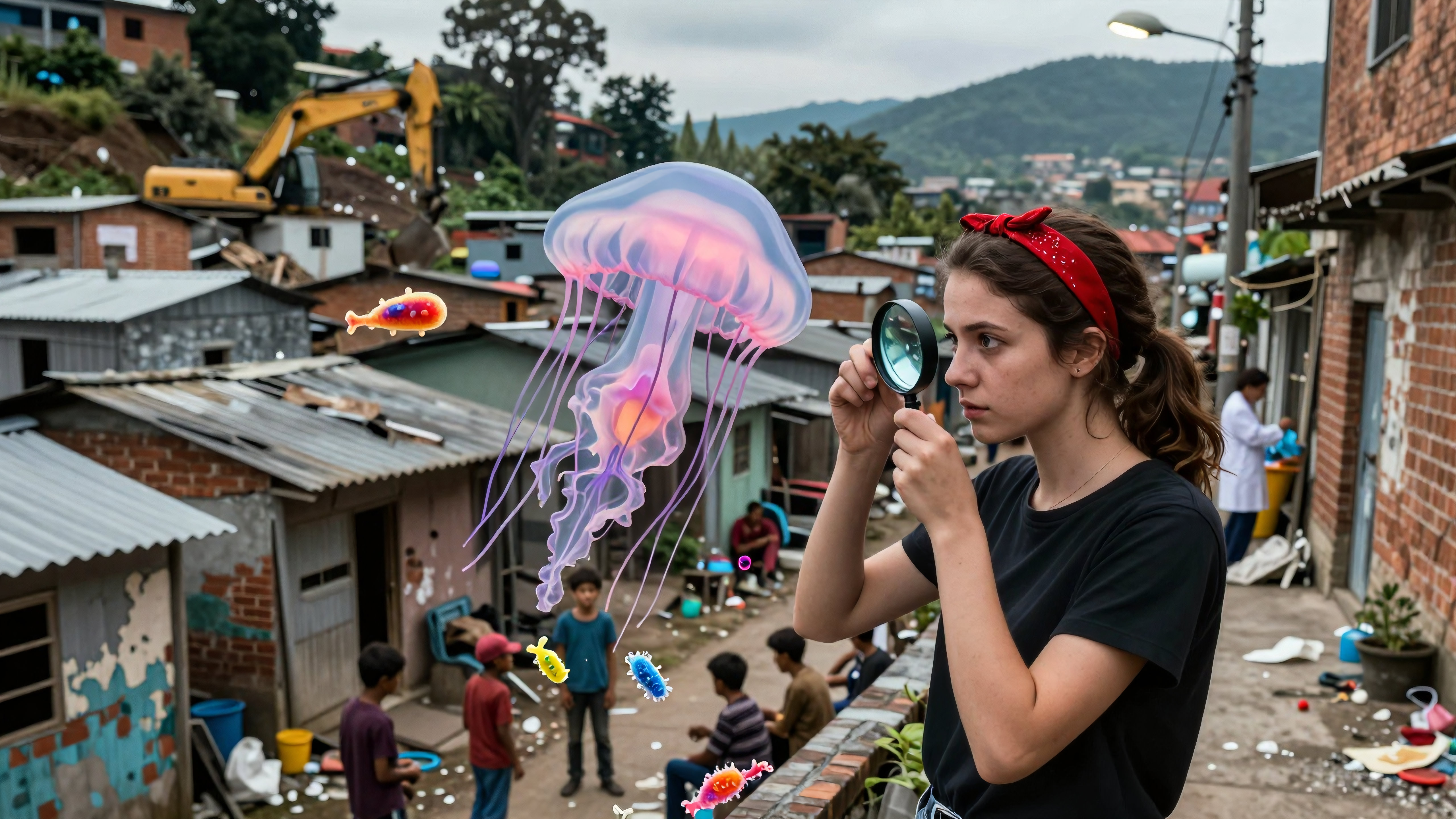 Girl exploring surreal jellyfish underwater world in urban alley using magnifying glass