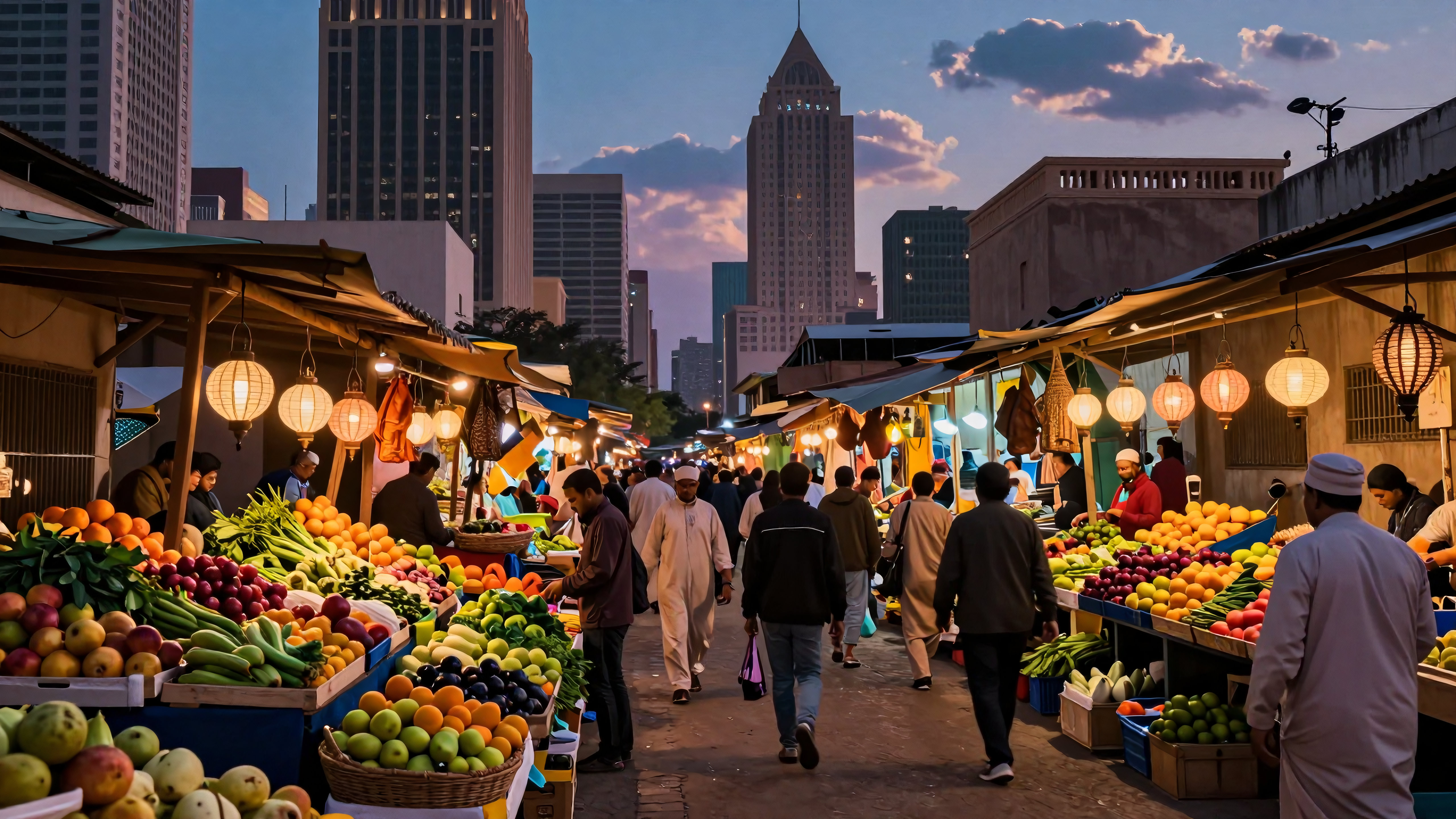 Evening outdoor market selling fresh tropical fruits and vegetables with shoppers walking among vendors near tall city buildings