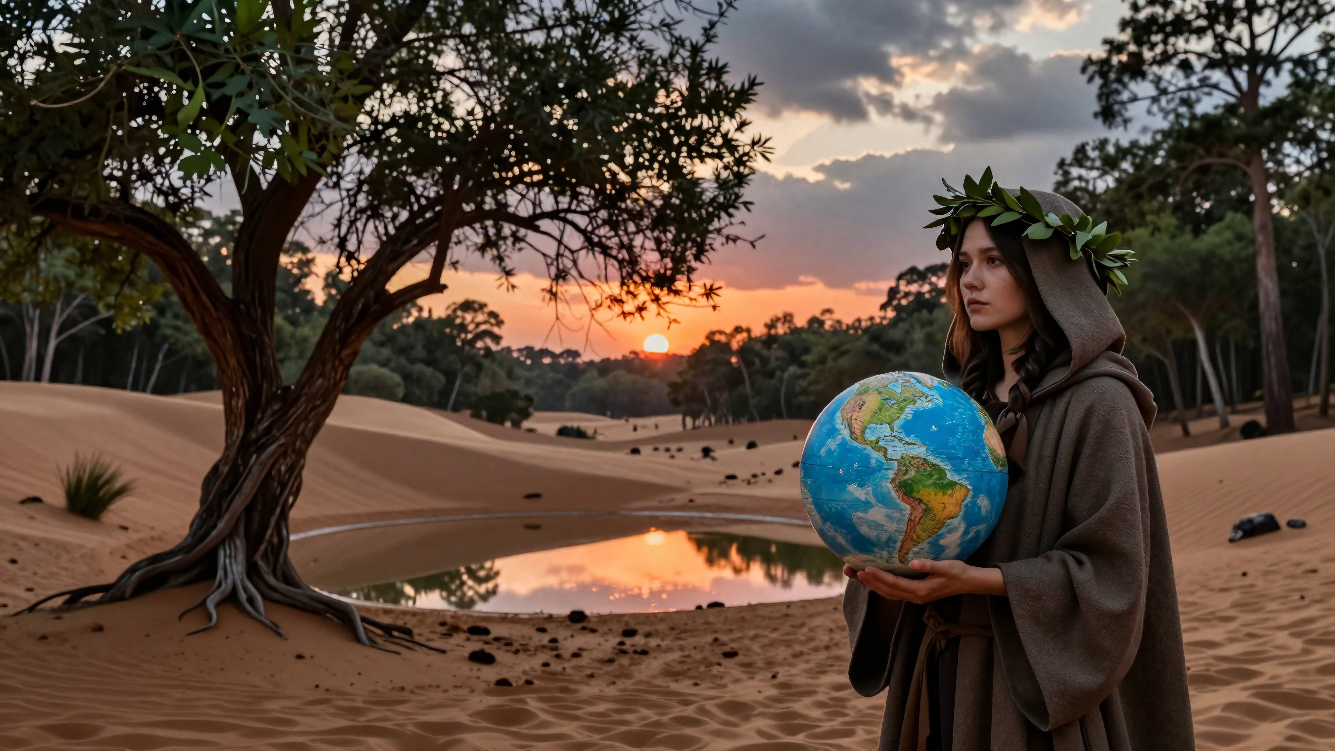 Woman holds globe under desert sunset reflection near tree