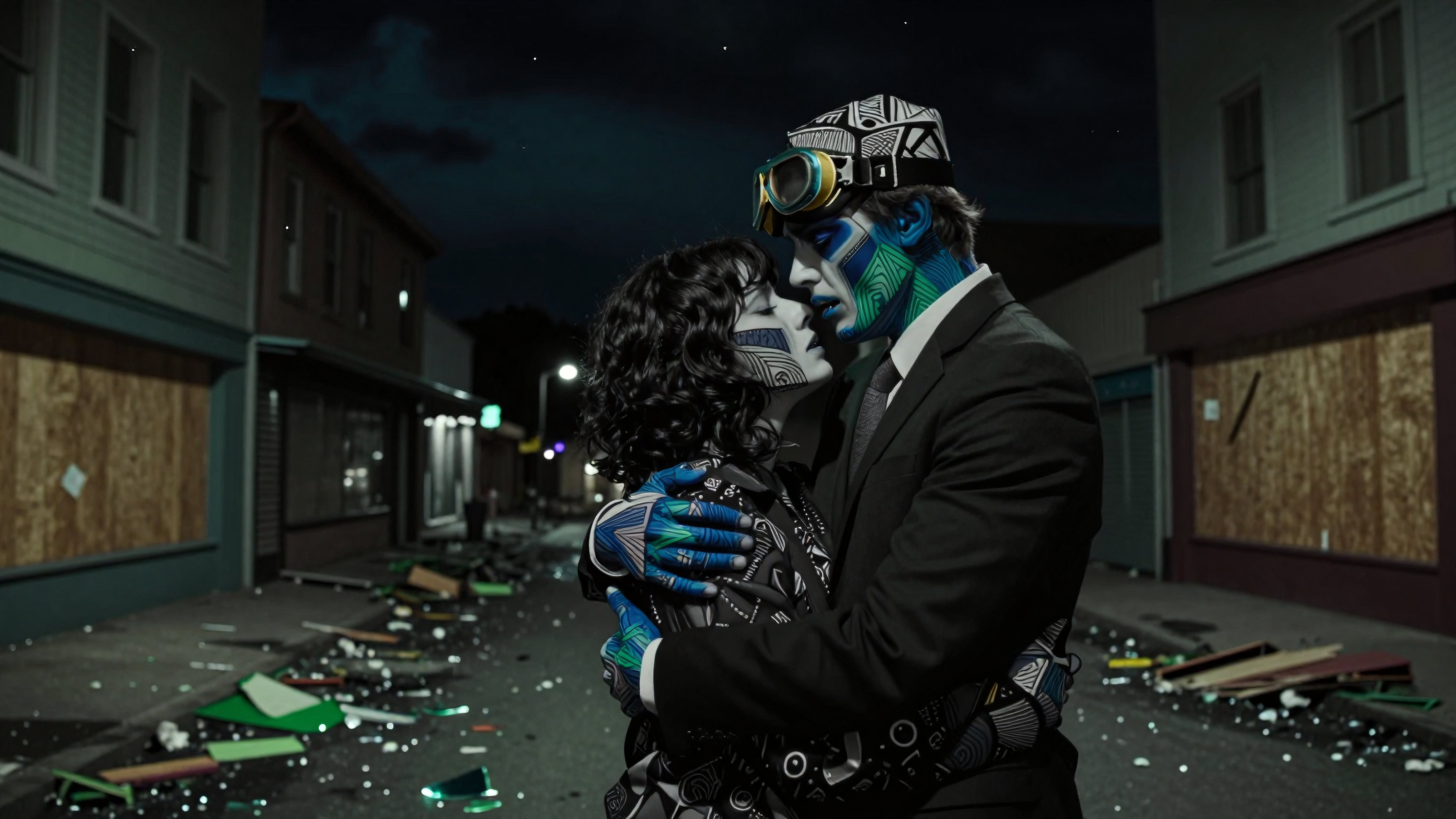 Sci-Fi Couple Kissing in Post-Apocalyptic Alley at Night