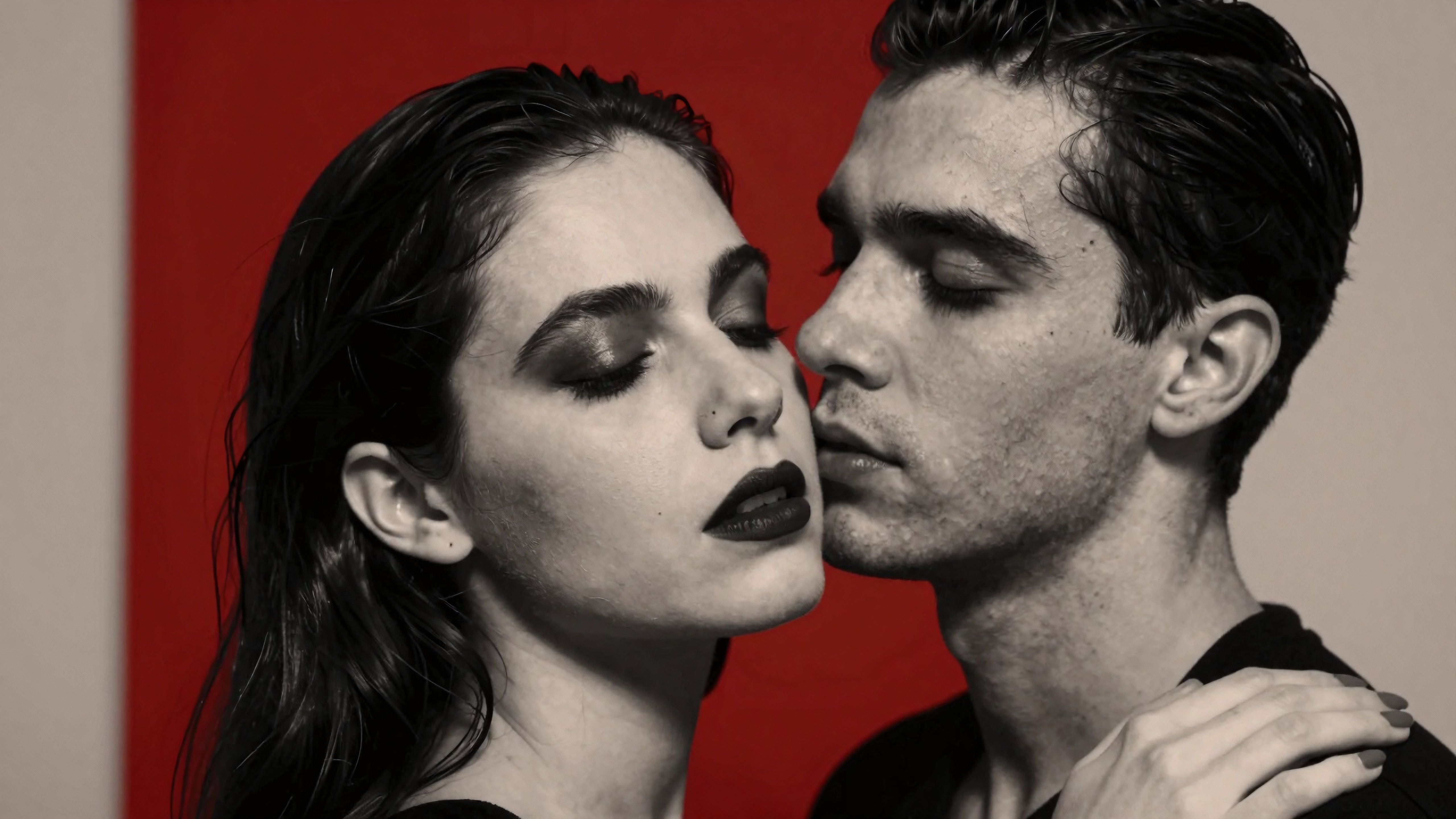 Romantic Black and White Couple Portrait Against Vibrant Red Background