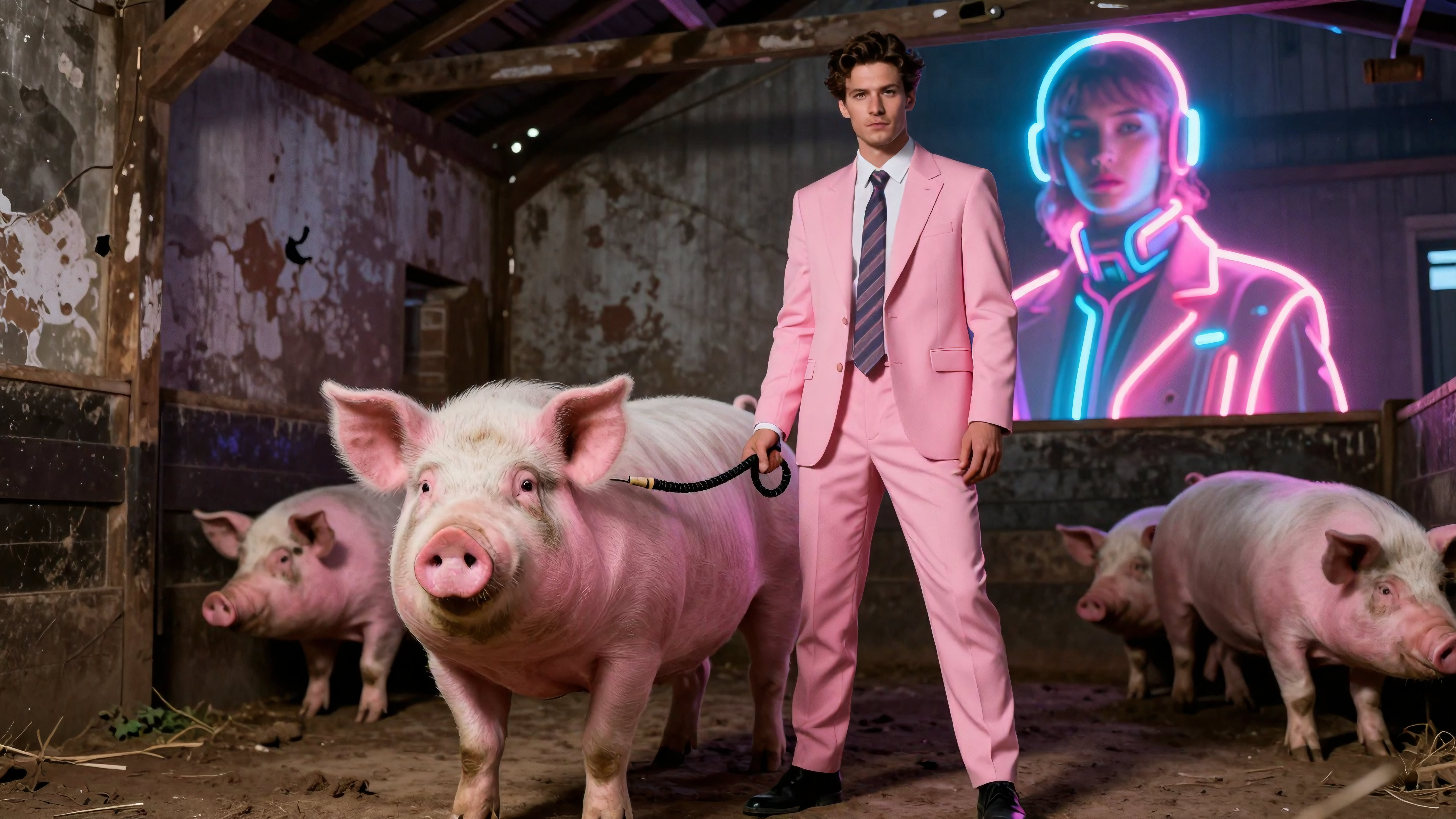 Man in pink suit leading pig inside neon-lit barn with futuristic hologram background