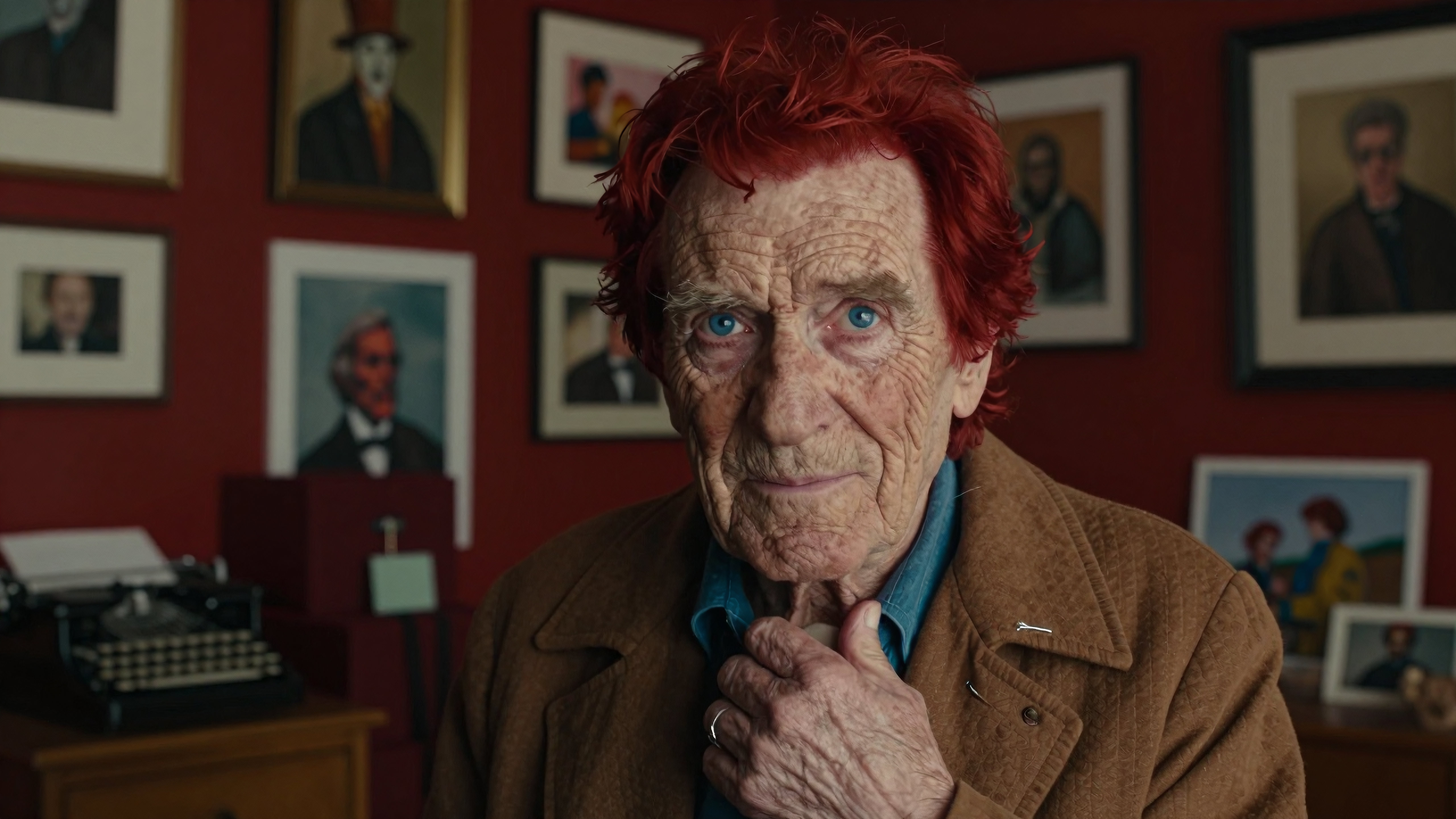 Vintage typewriter beside portrait-filled room featuring red-haired senior male artist