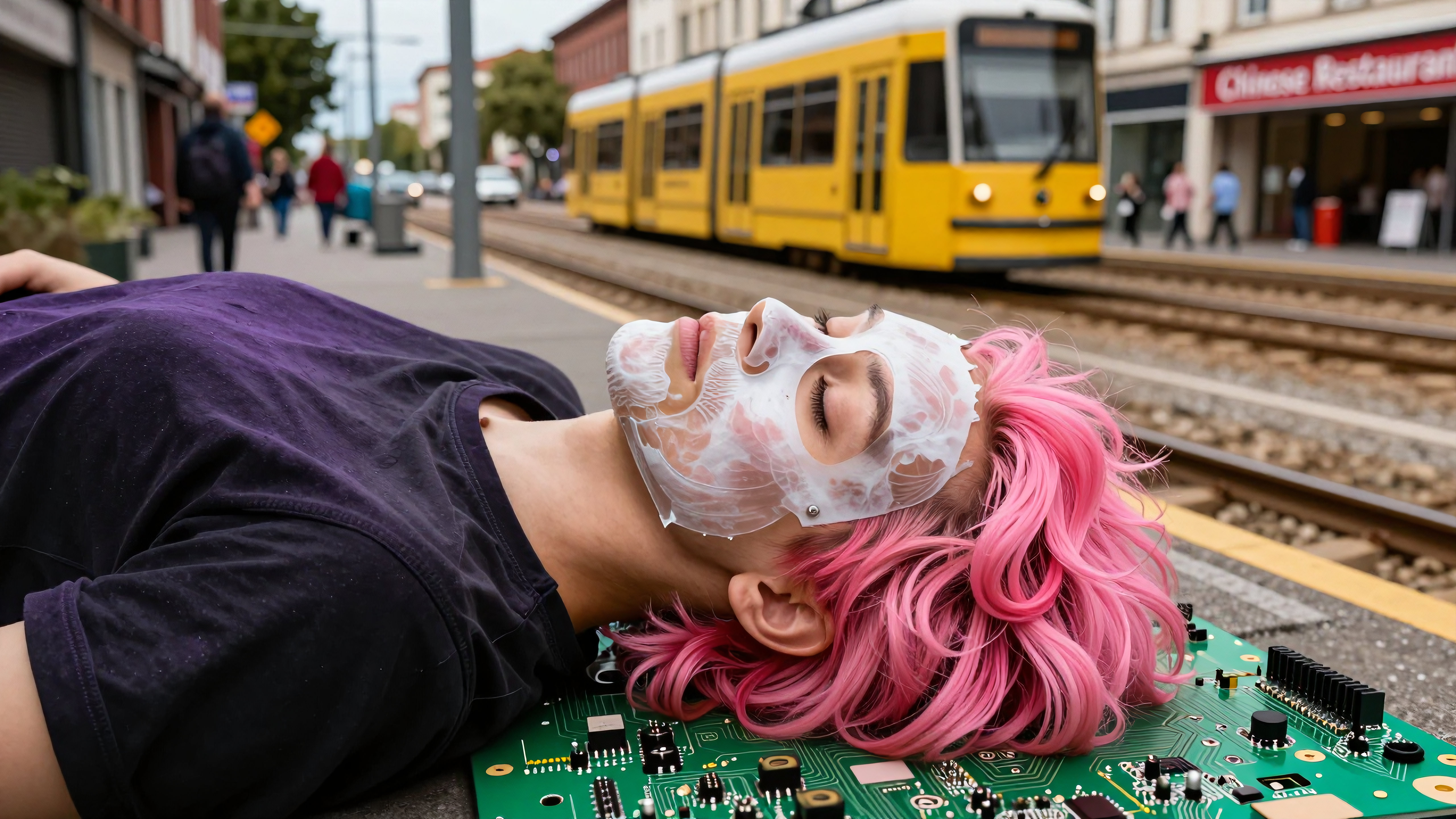 oman with pink hair resting on circuit board during urban transit stop