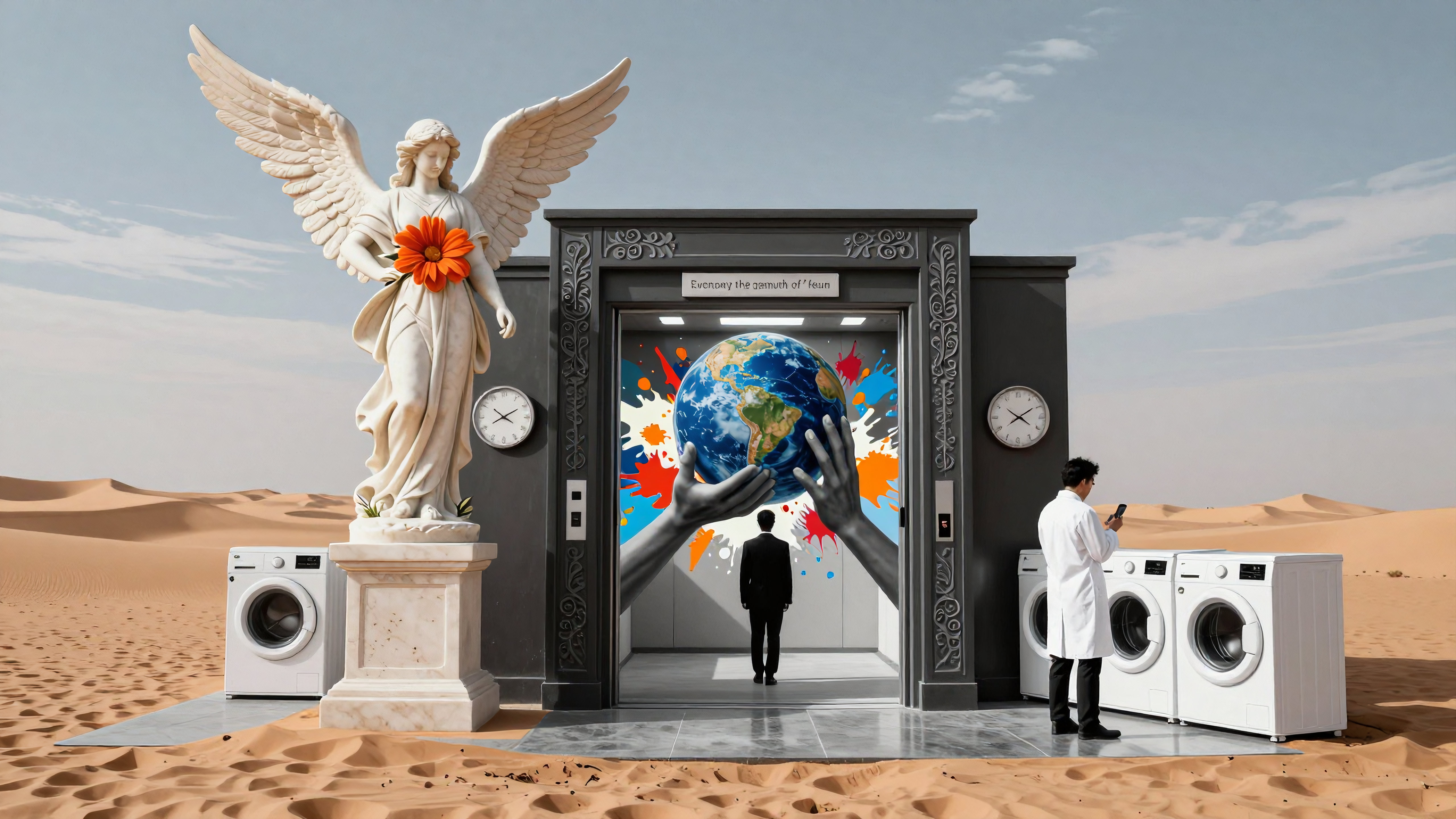 Angel statue holds orange flower beside elevators transporting people into painted world surrounded by washing machines in desert