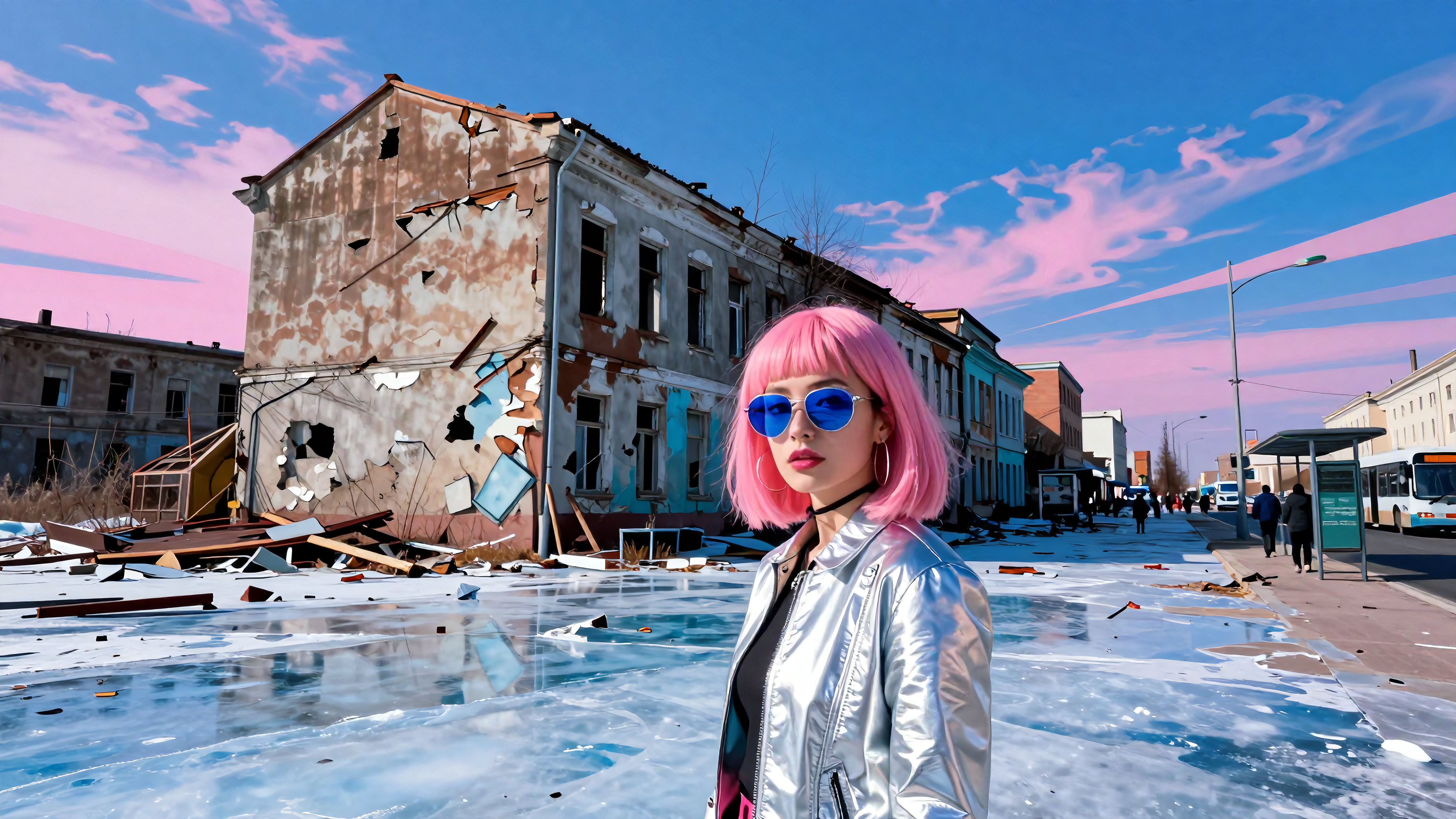 Girl with pink hair standing in snowy ruined city wearing metallic jacket under colorful twilight skies