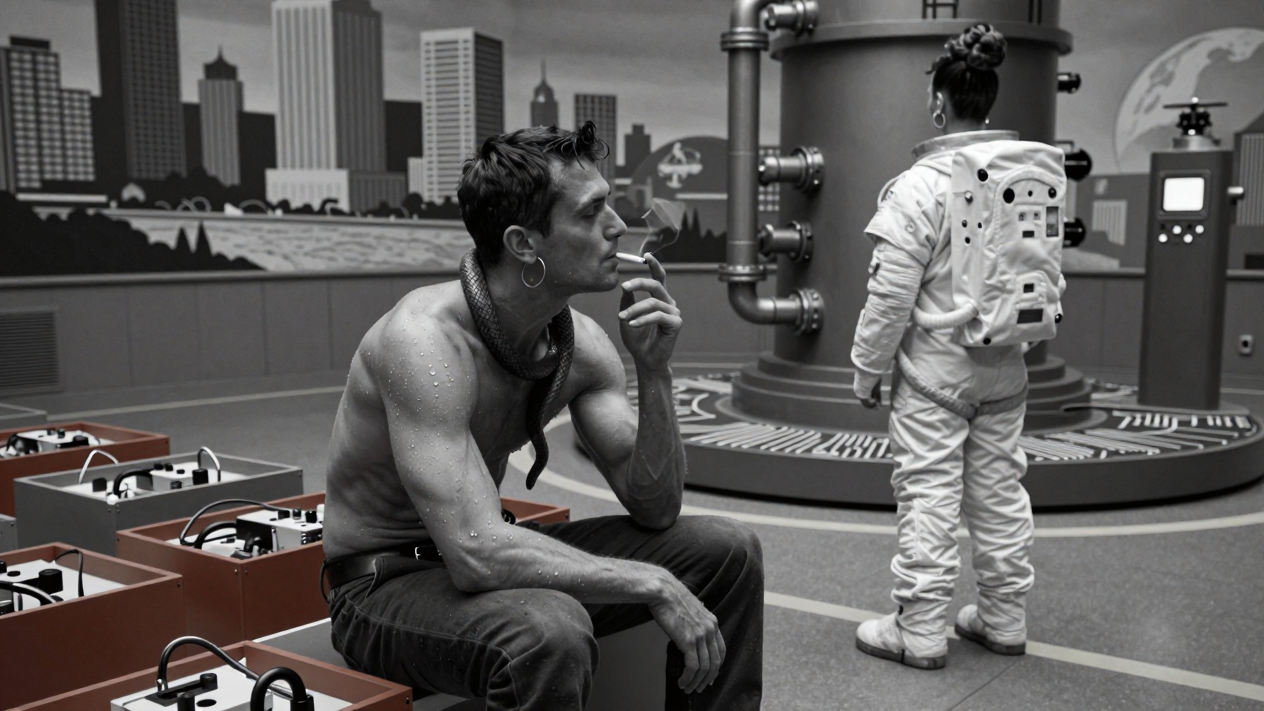Astronaut in white suit watches smoky sweaty man with snake necklace sit amidst futuristic tech panels