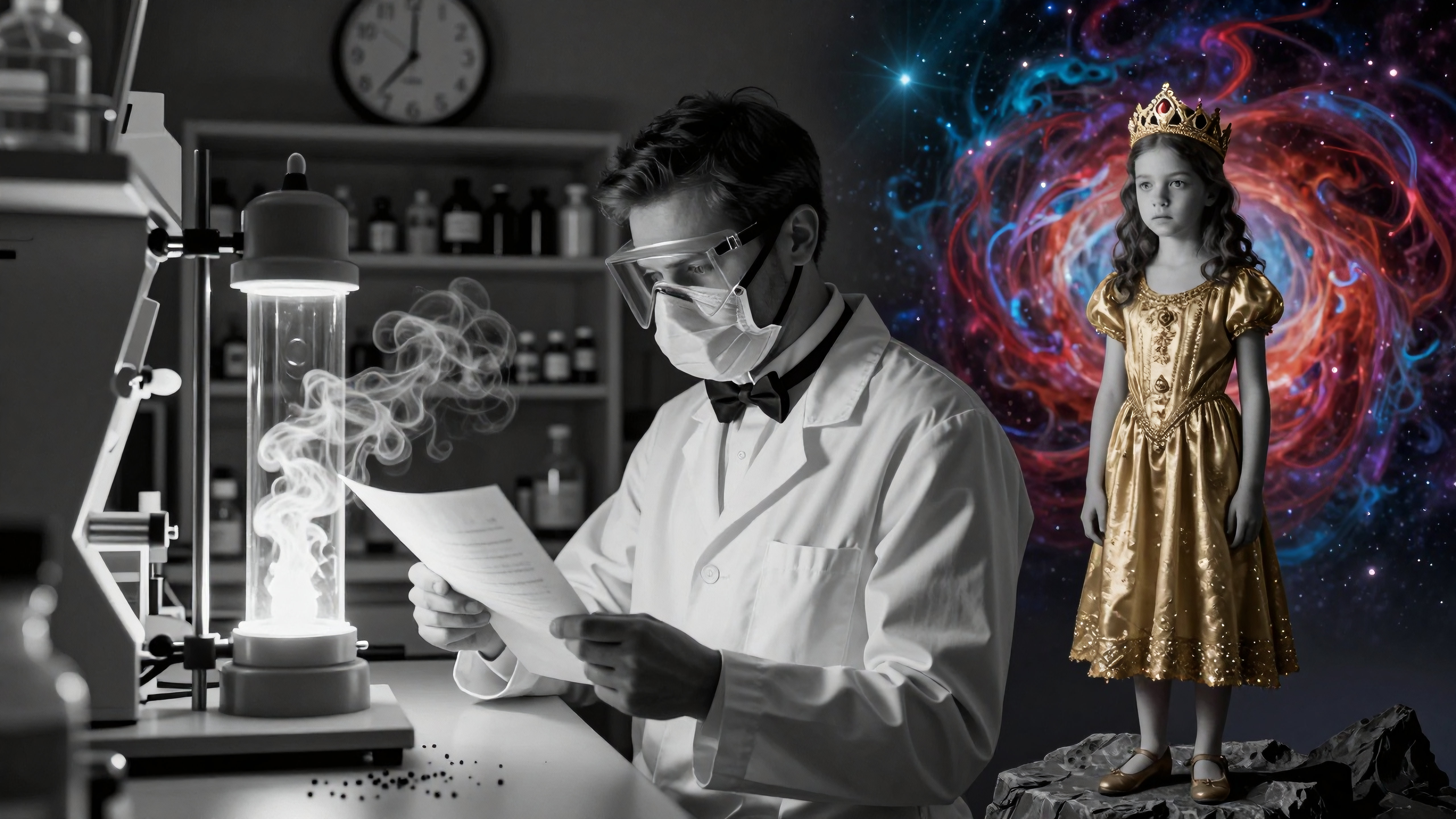 Scientist reads papers next to glowing flask; mystical crowned girl floats amid colorful galaxies — blending real-world lab work with sci-fi wonder.