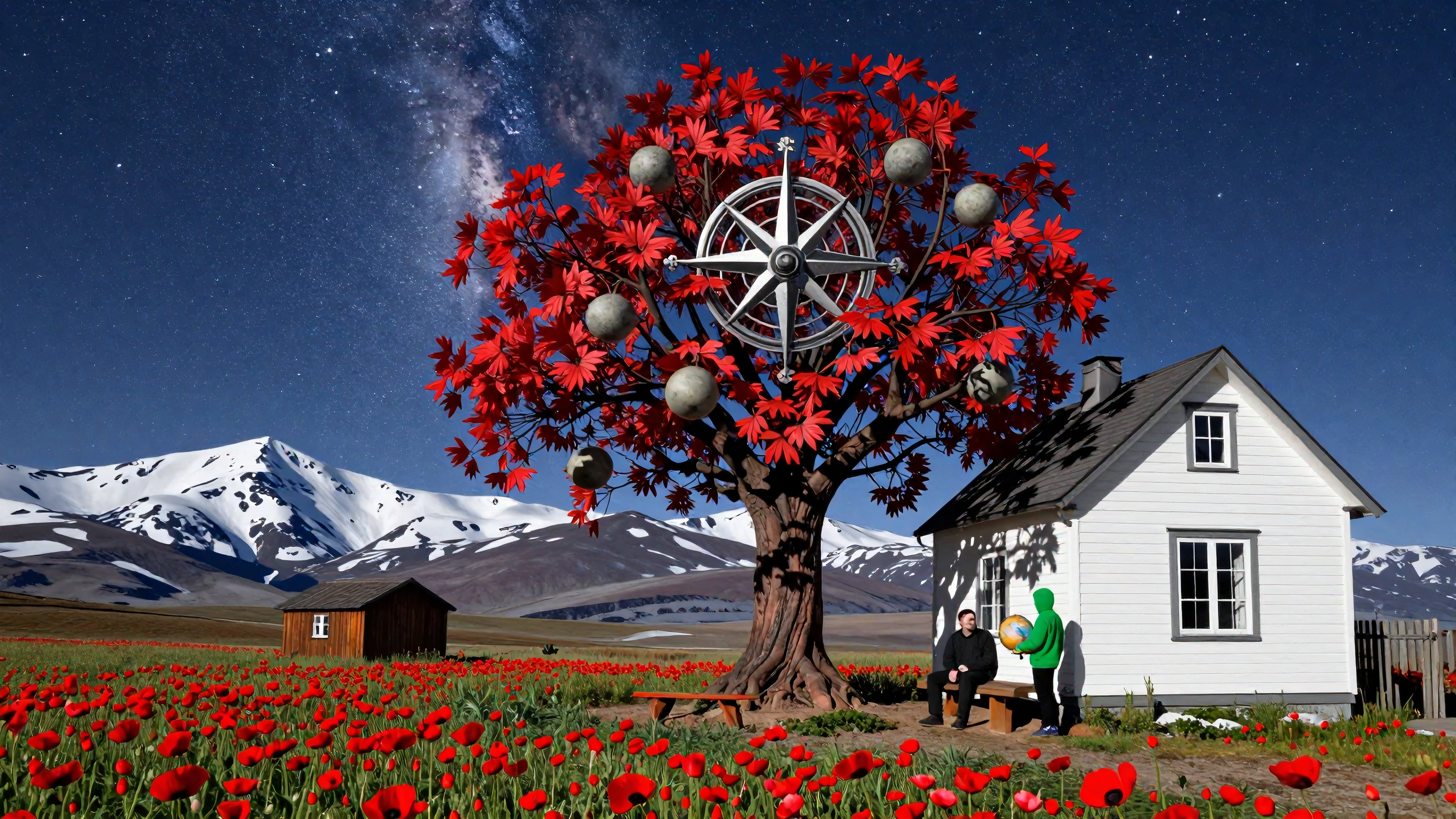 Surreal nighttime scene featuring magical tree with compass, red poppies, snowy mountains, cozy cabin, and mysterious visitors beneath glittering stars
