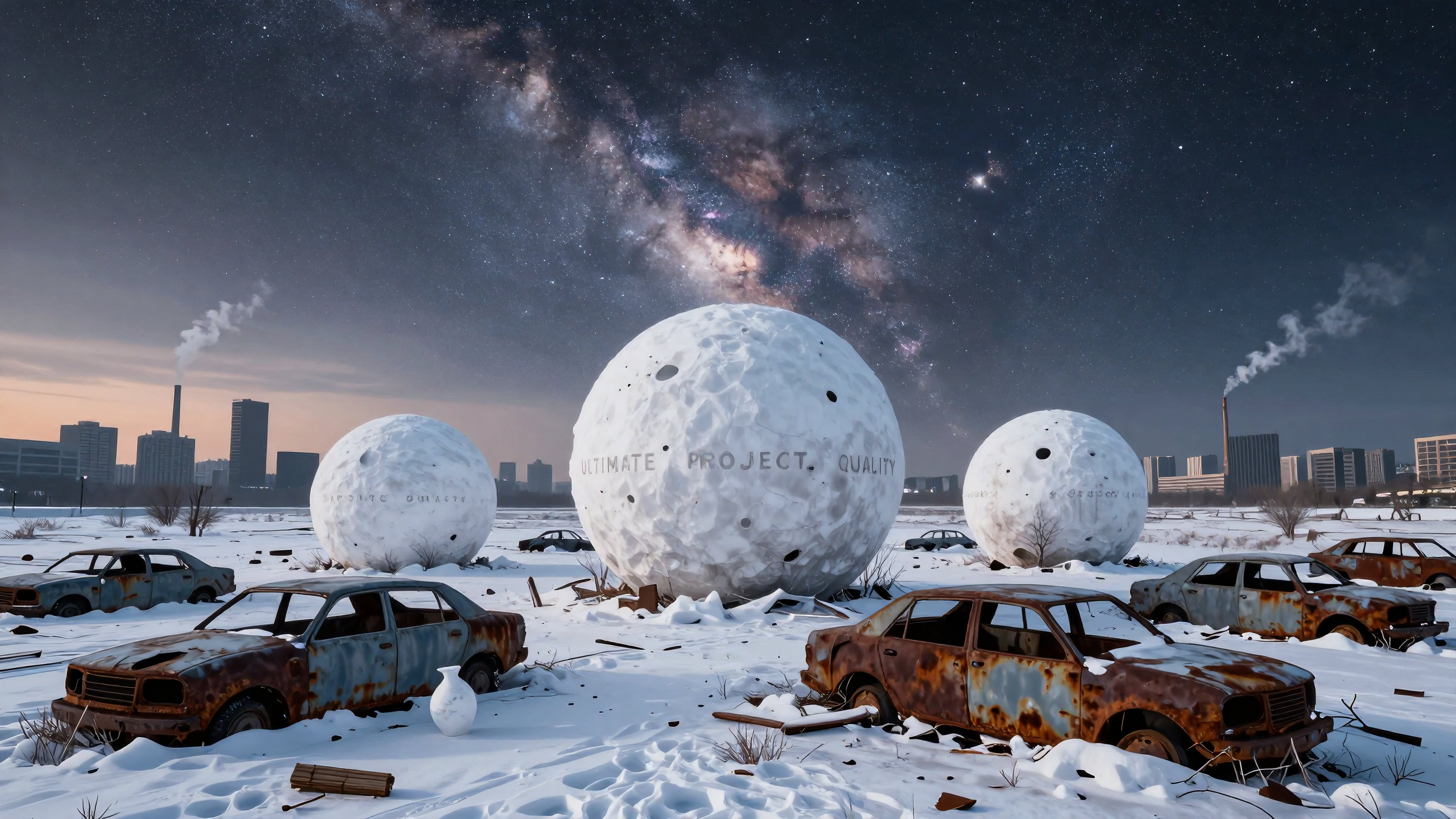 Abandoned cars rusting in snowy field beneath stunning Milky Way night sky