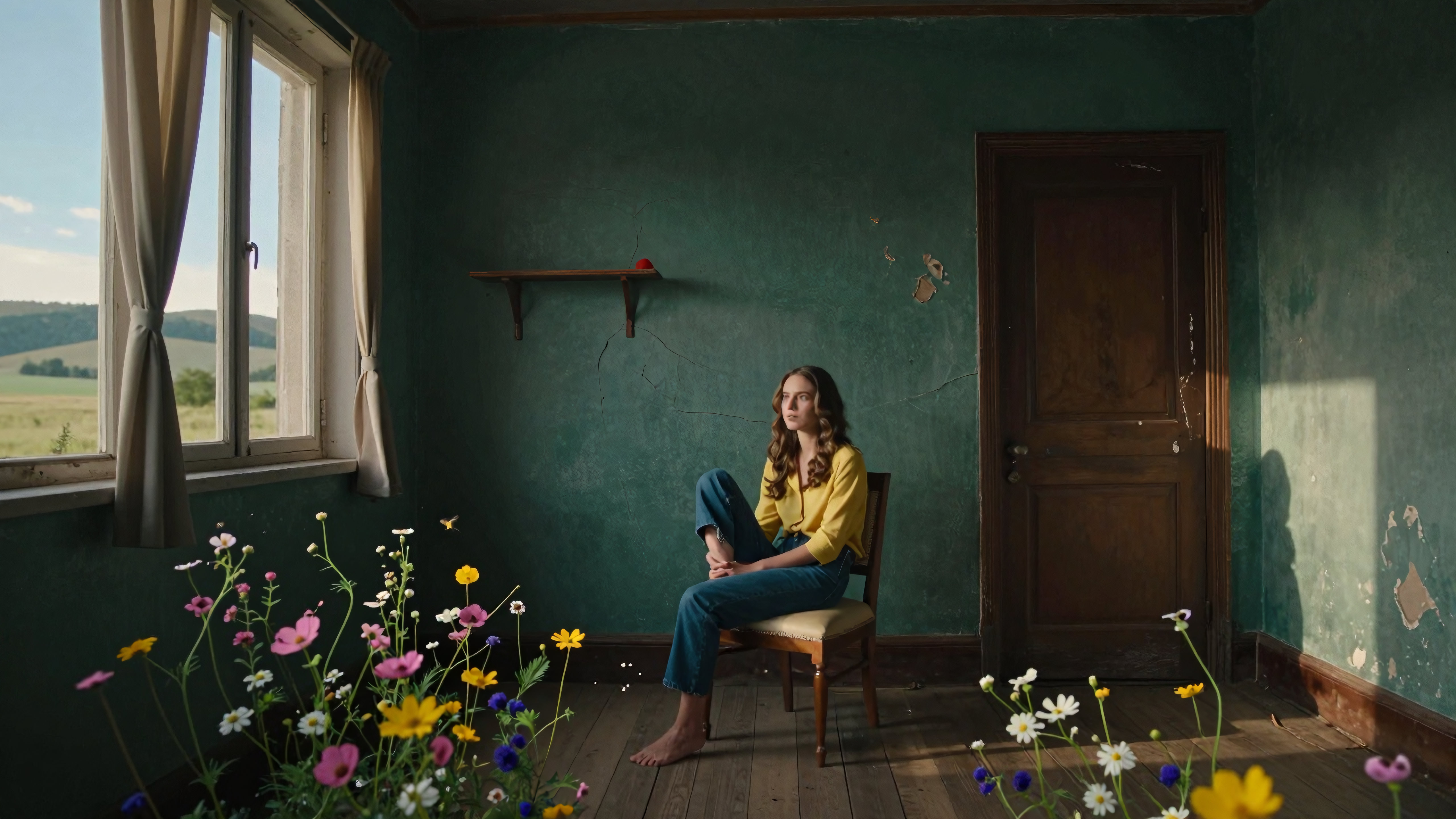 Young woman sitting alone indoors surrounded by blooming colorful flowers looking out a sunny window