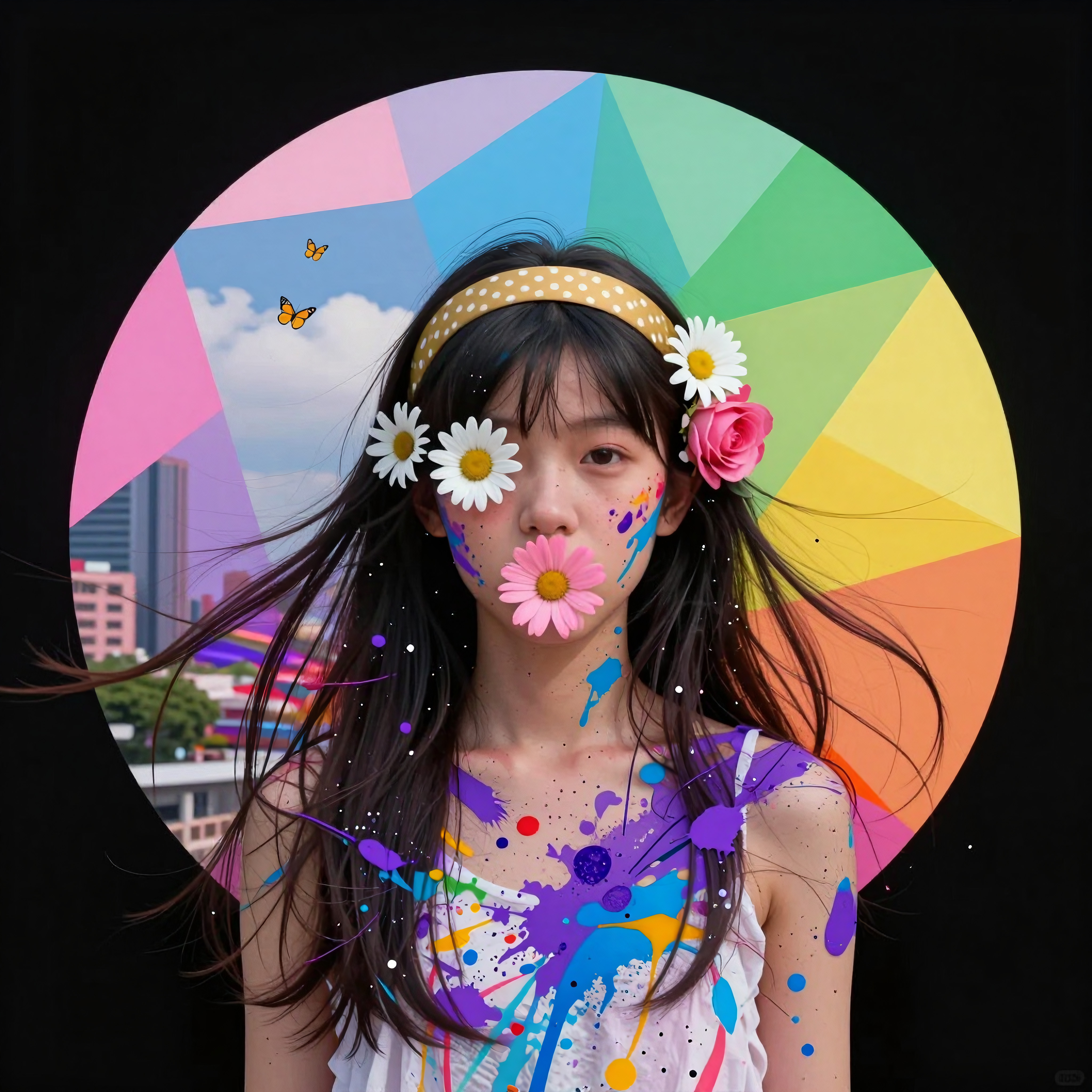 Colorful Portrait of Young Woman with Floral Face Makeup and Vib