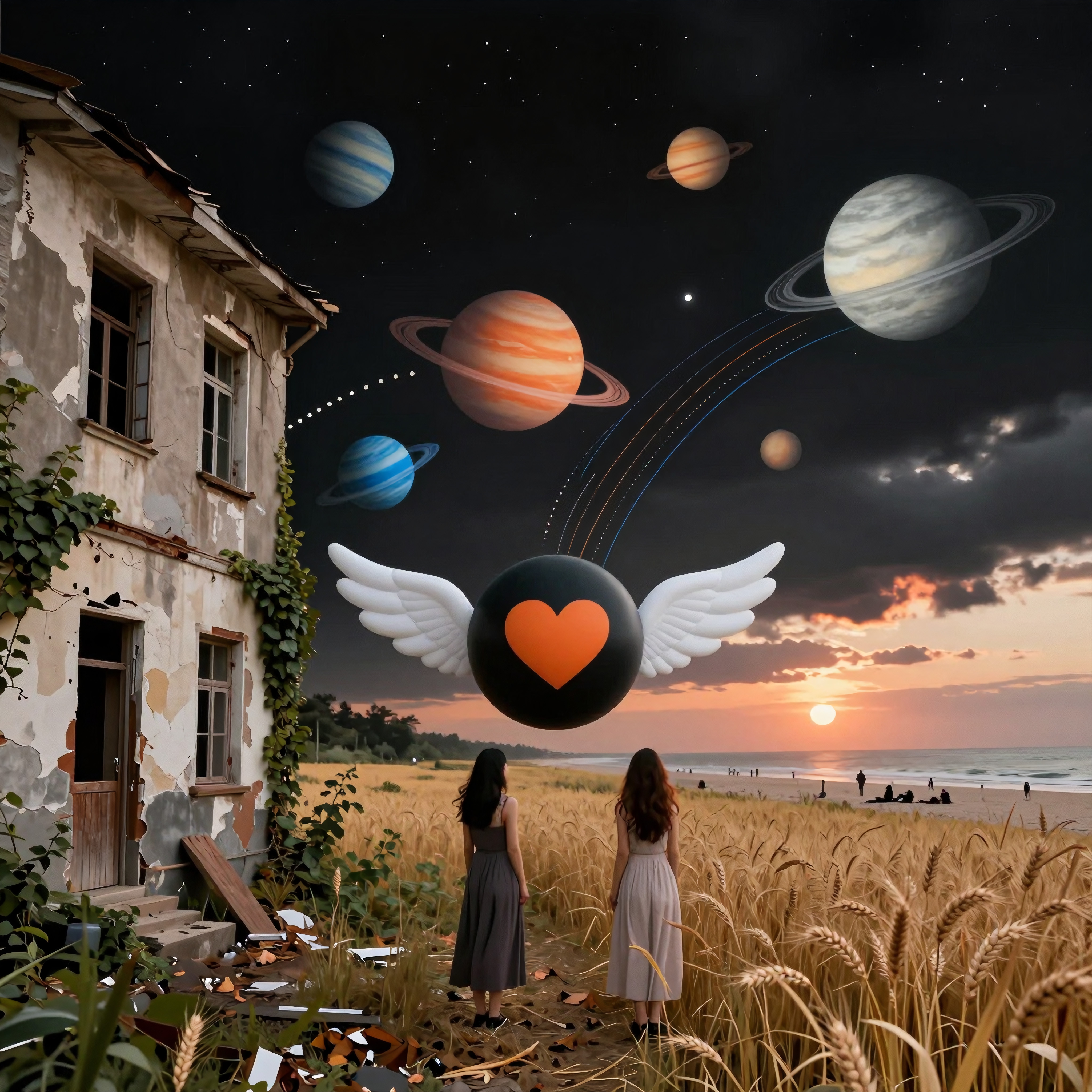 Two women in field under celestial sky with floating heart-wing orb near old house at sunset.