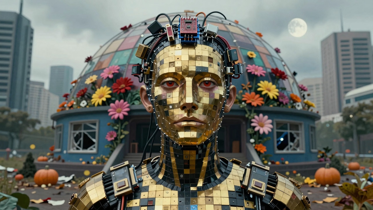 A humanoid robot with a mosaic gold face stands in a flower-adorned garden against an urban backdrop.