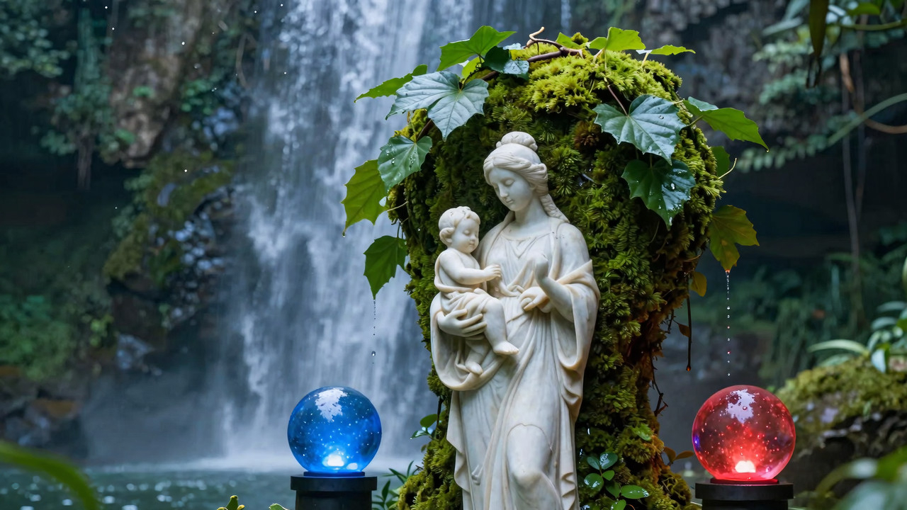 Statue of woman holding child with moss, ivy, blue and red orbs, waterfall background