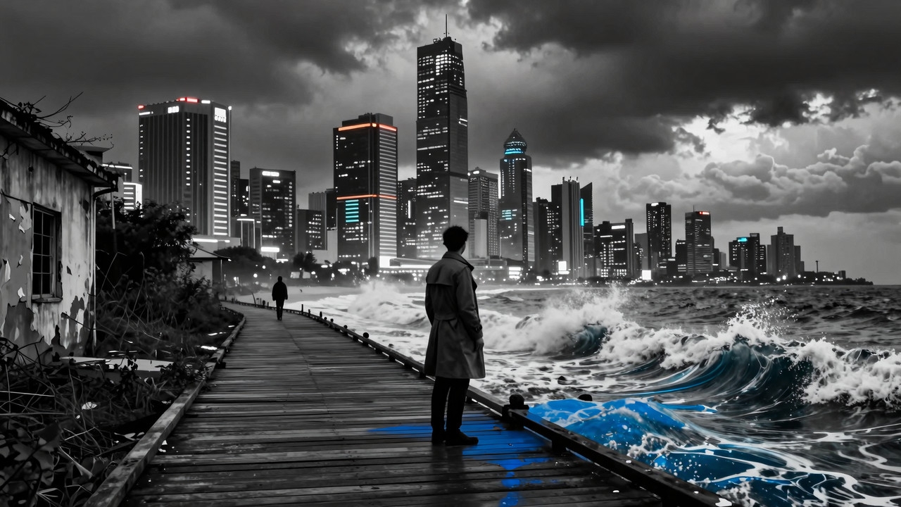 A person on a boardwalk faces neon-lit cityscape with stormy sky.
