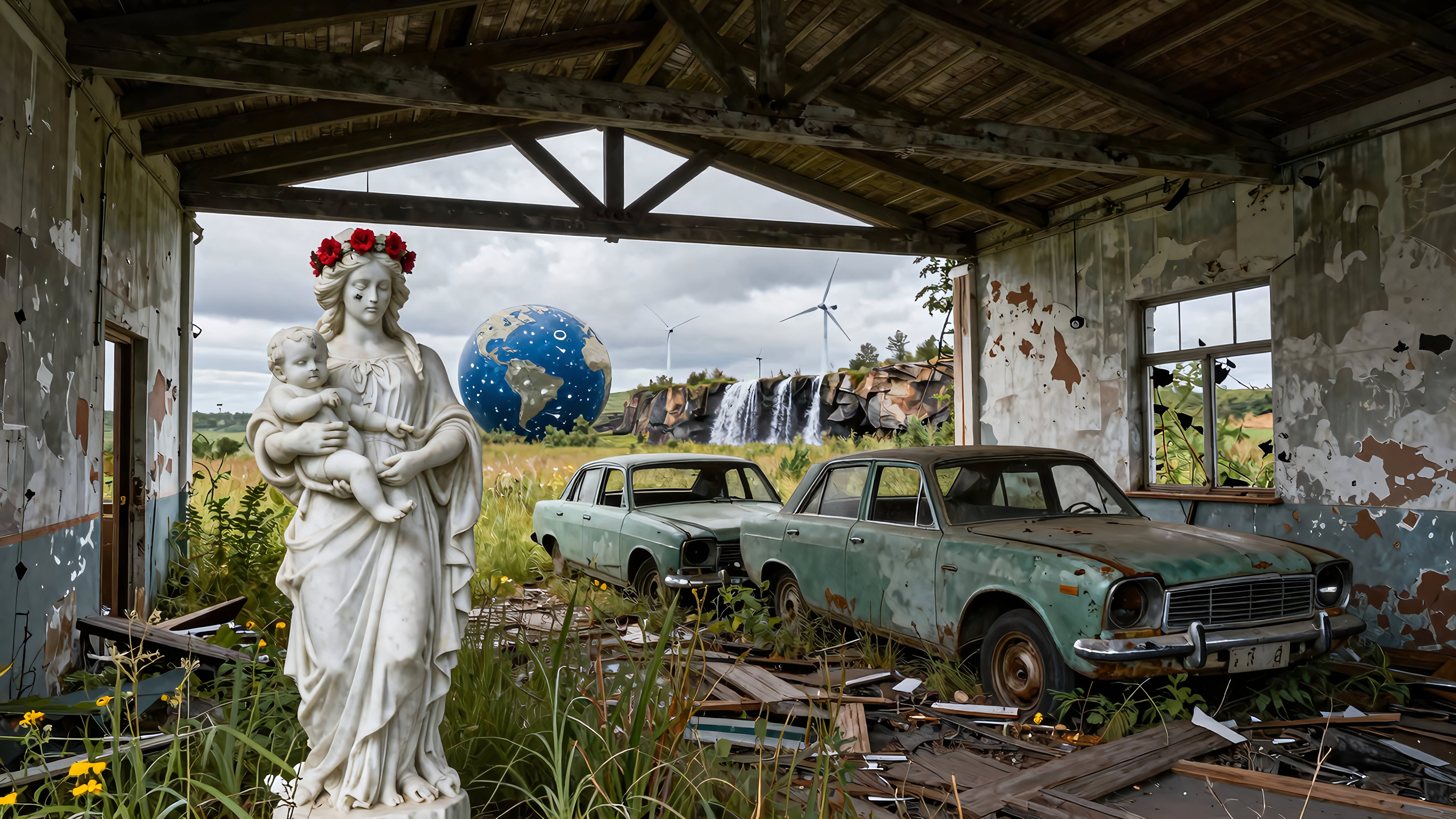 Statue holds child amid ruined garage with vintage cars and fantastical outdoor scenery
