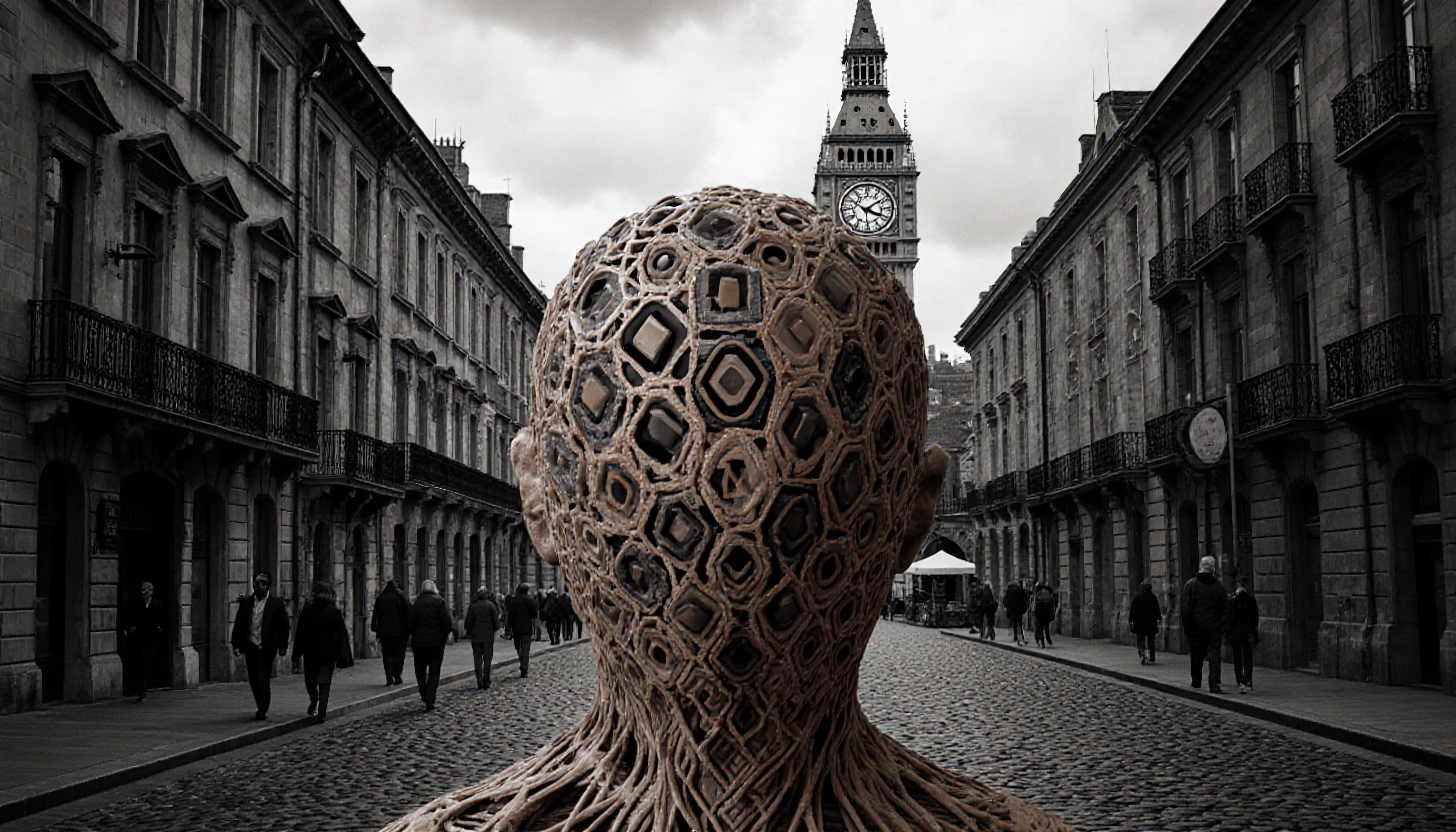 A geometric patterned figure stands on a cobblestone street with classic European architecture and a distant clock tower under an overcast sky.
