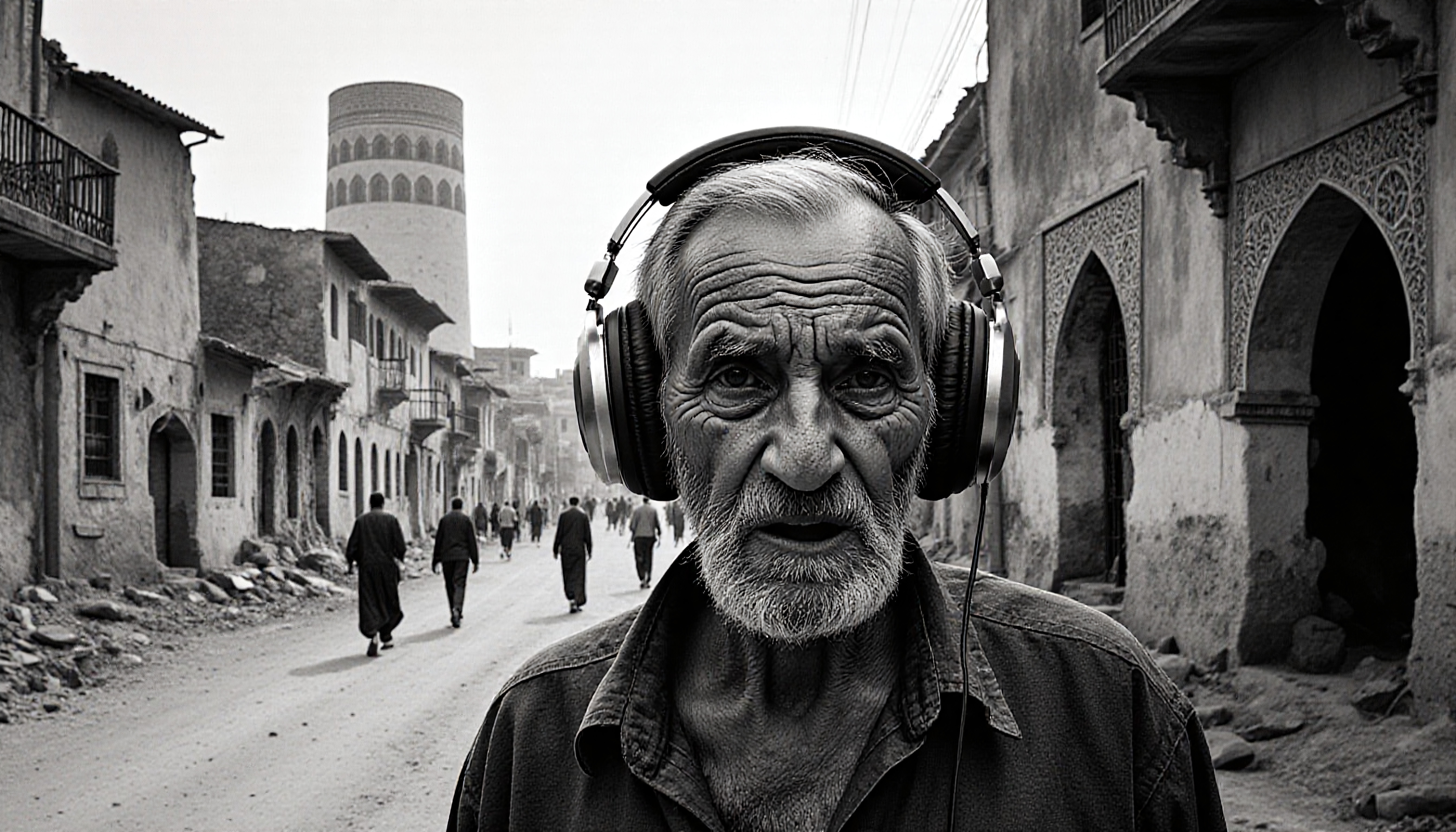A weathered man with headphones stands in an old, historic street with traditional architecture.