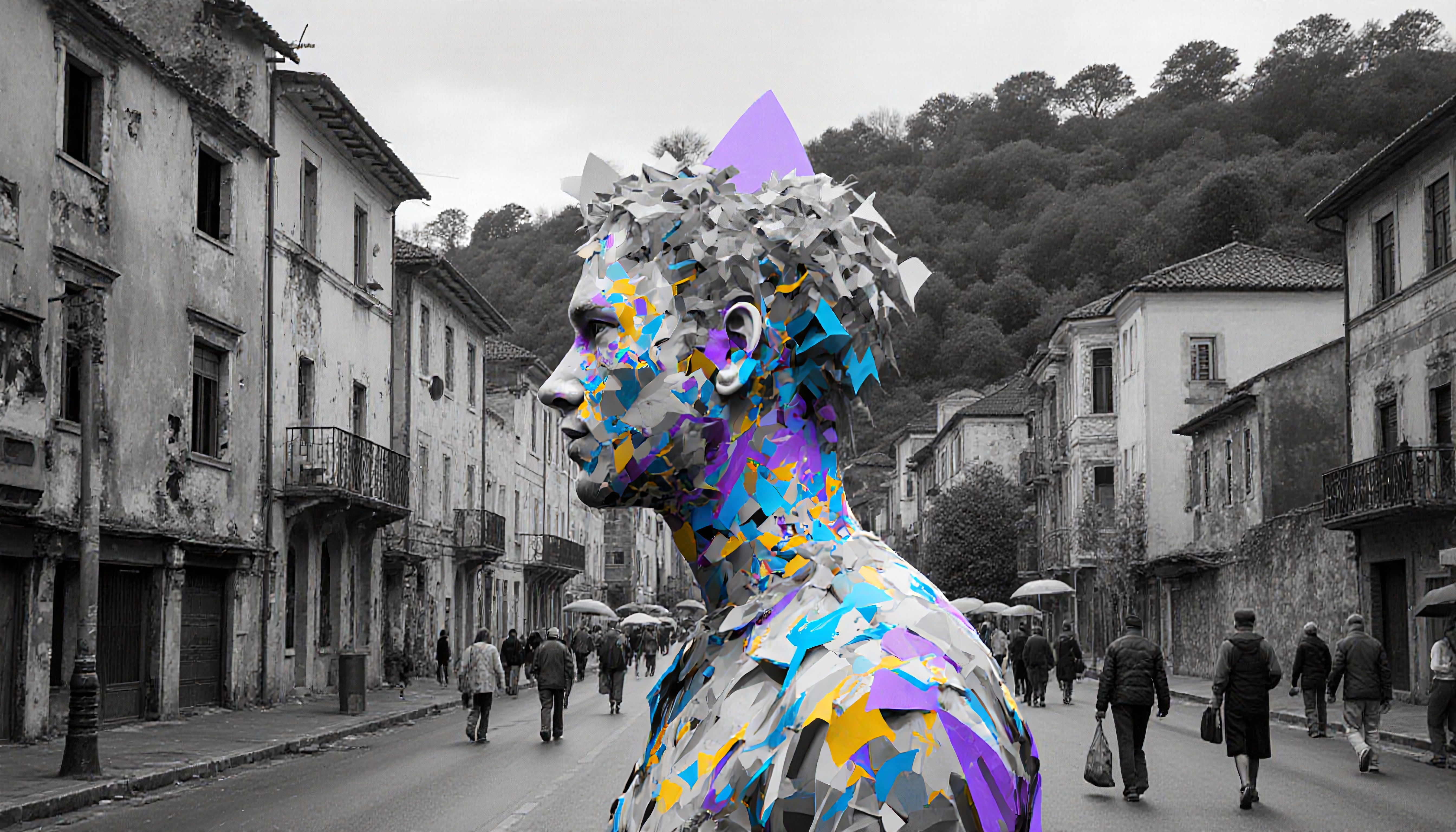 Surreal image of vibrant geometric figure amidst grayscale street scene conveying contrast and artistic expression.