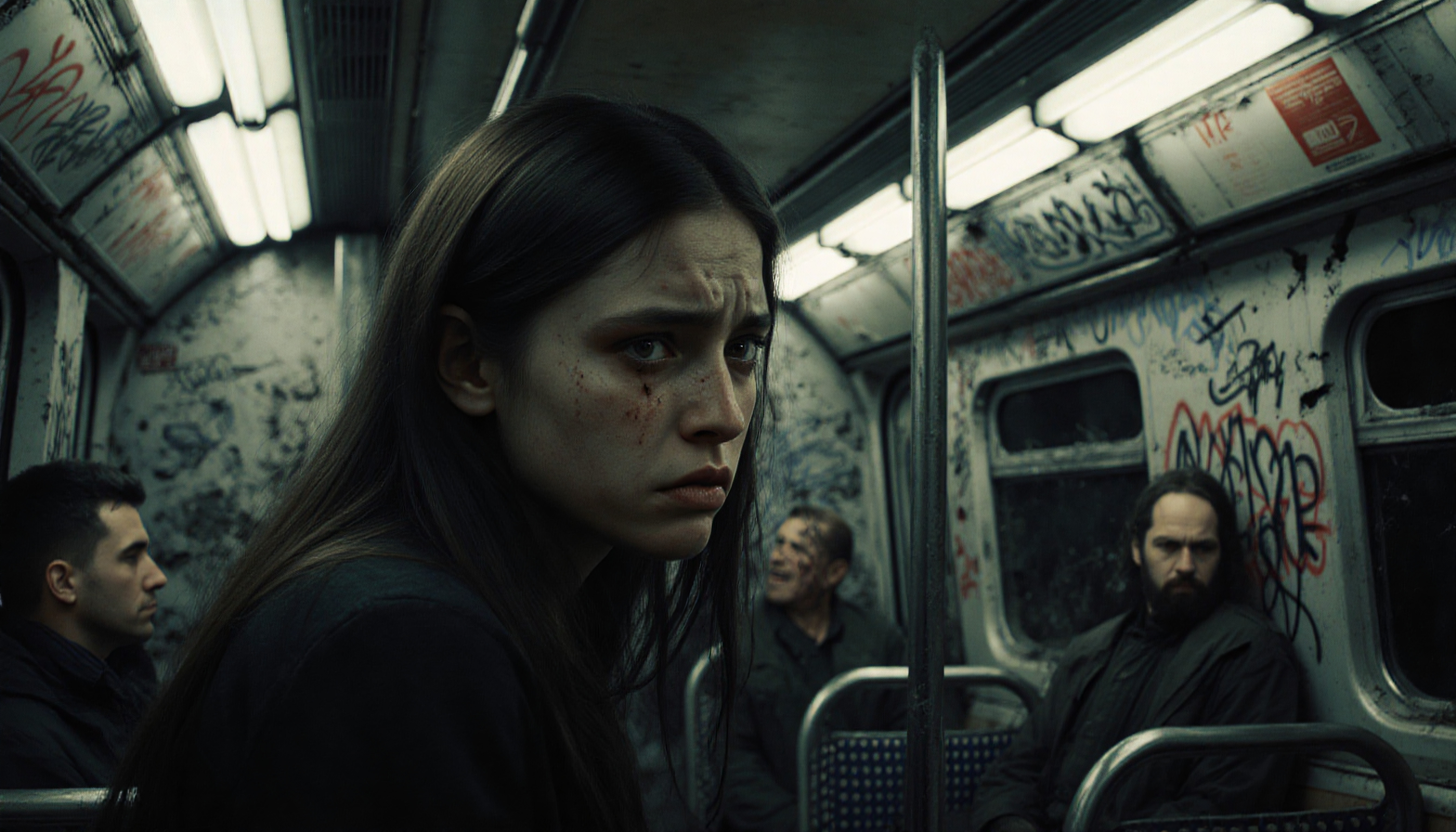 A young woman sits anxiously in a graffiti-covered subway car, surrounded by tense fellow passengers.