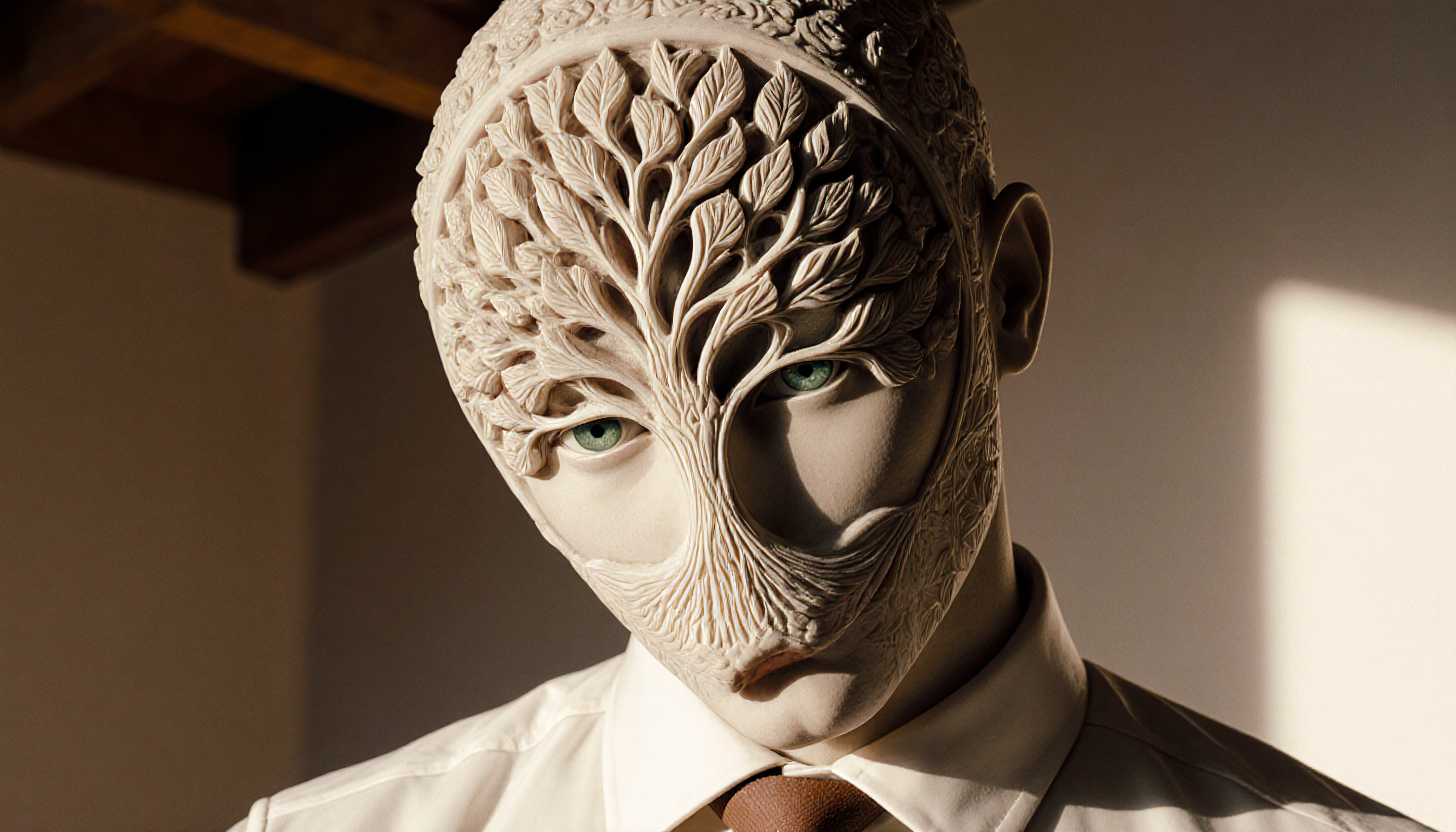 Surreal 3D art of person with intricate tree-leaf mask, green eyes, white shirt, brown tie, soft indoor lighting, wooden beam background