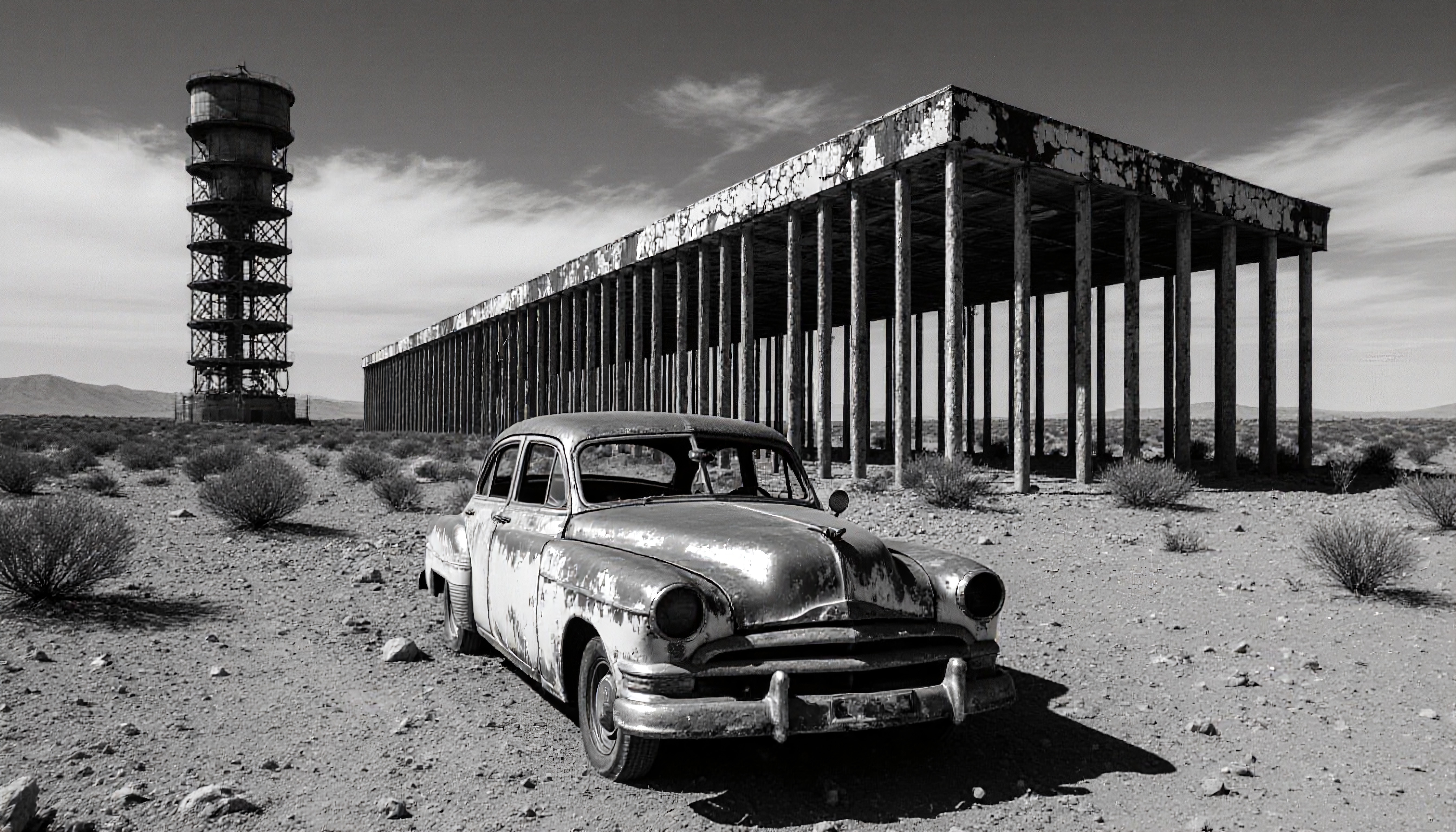 Black and white desert scene with dilapidated car and structures.
