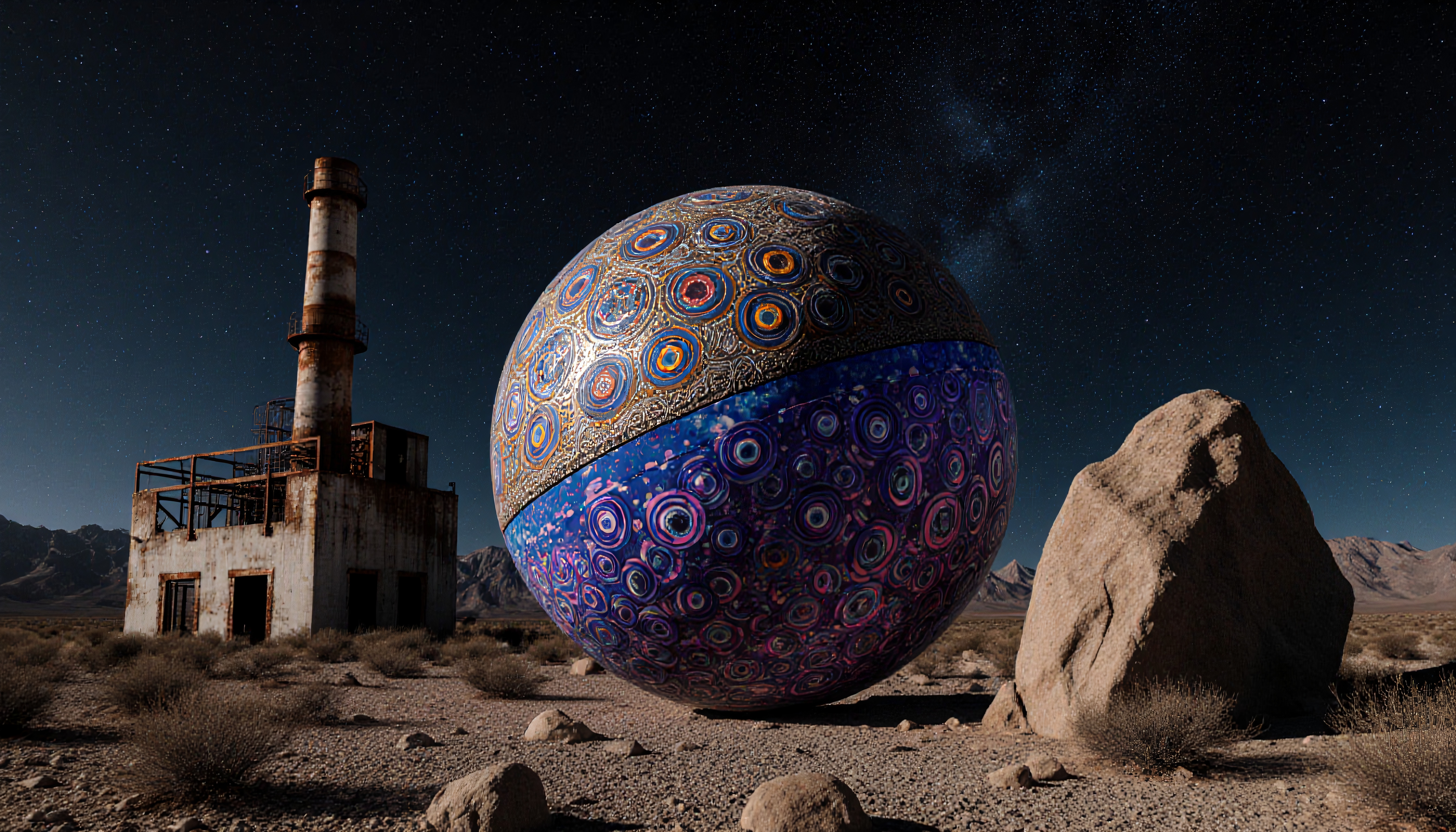 A large patterned sphere near a rusted industrial building under a starry desert sky.
