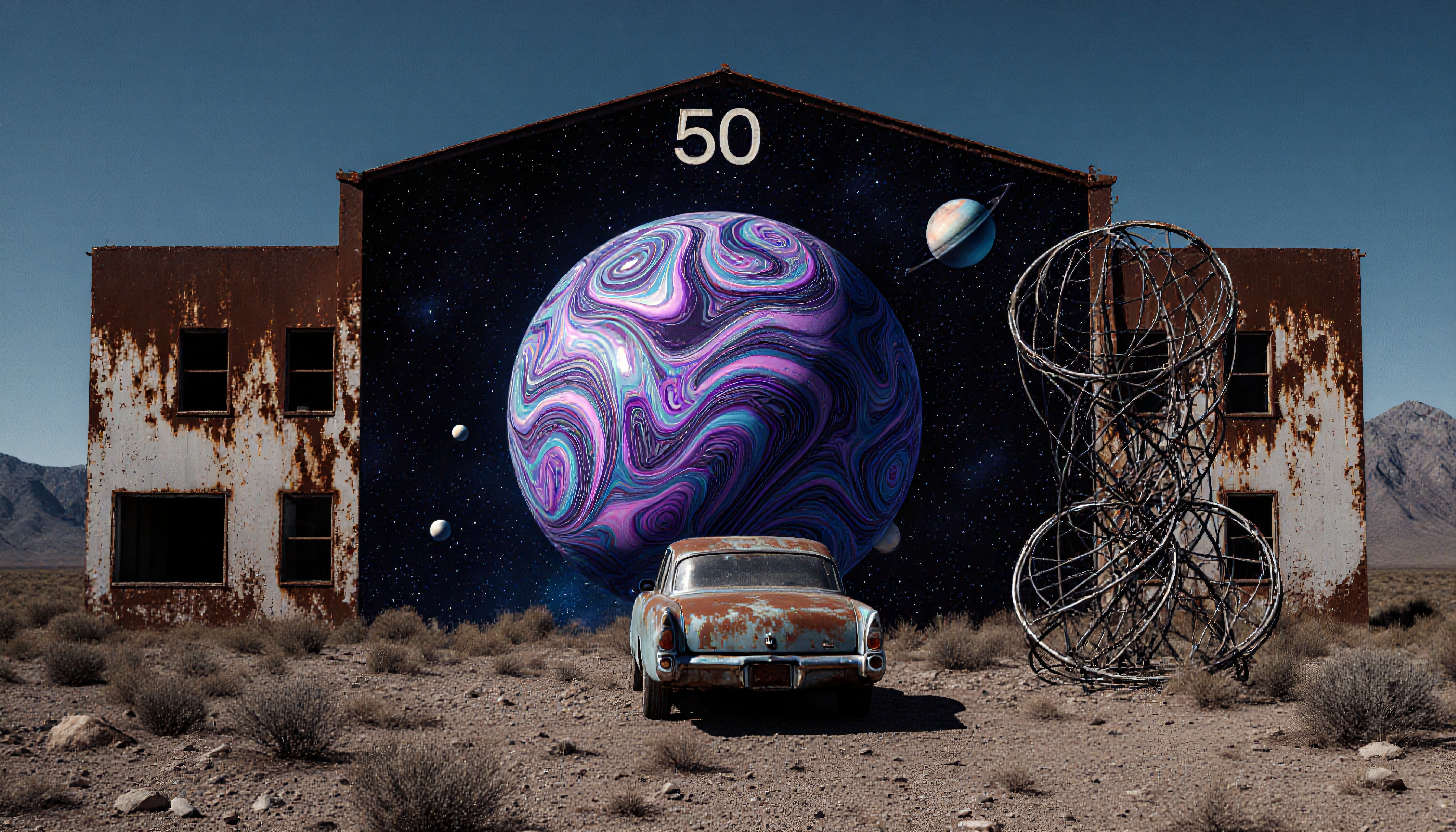A rusted building in the desert features a cosmic mural and sculpture.