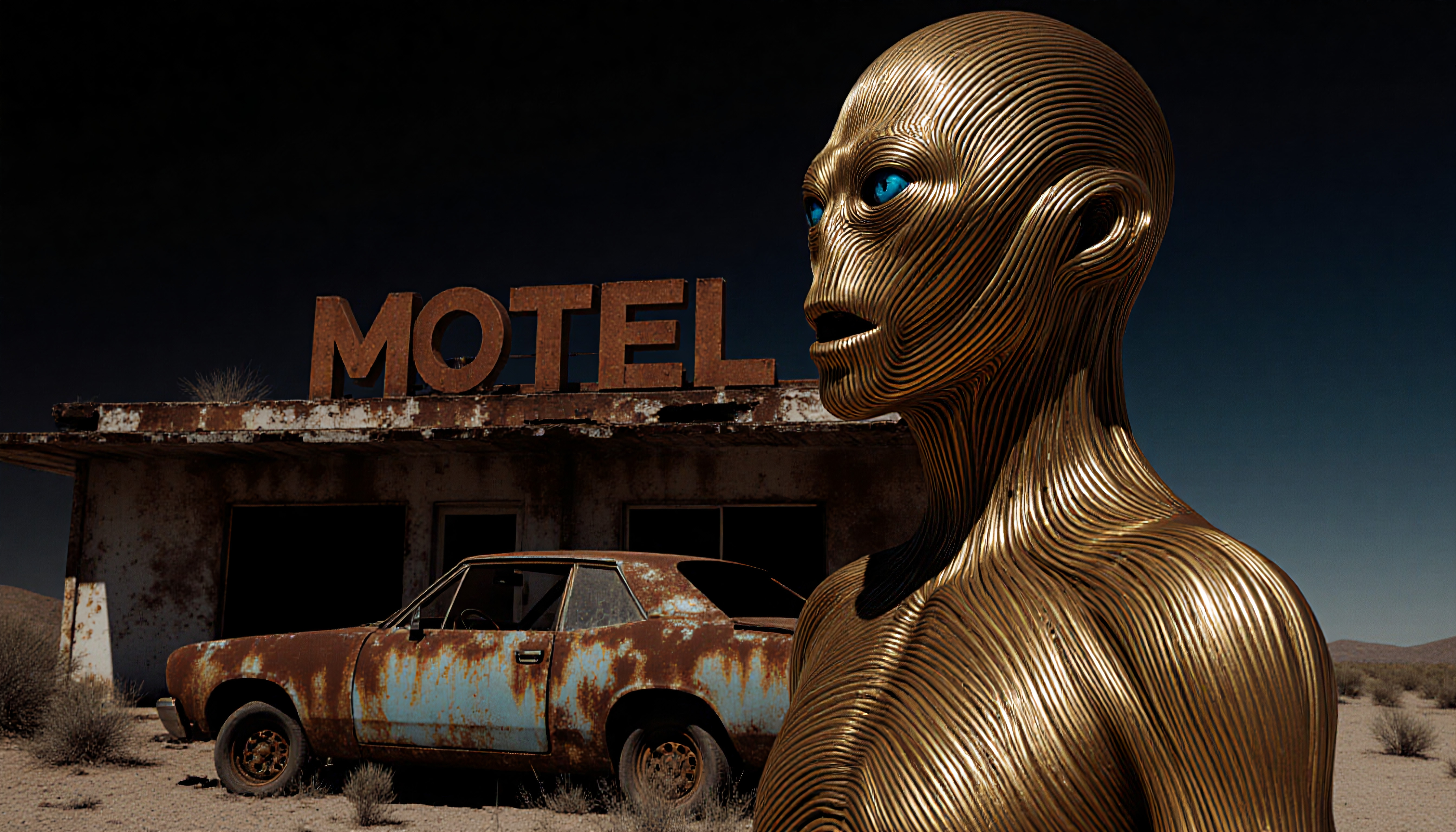 Futuristic gold alien at deserted, rusty motel in desert.