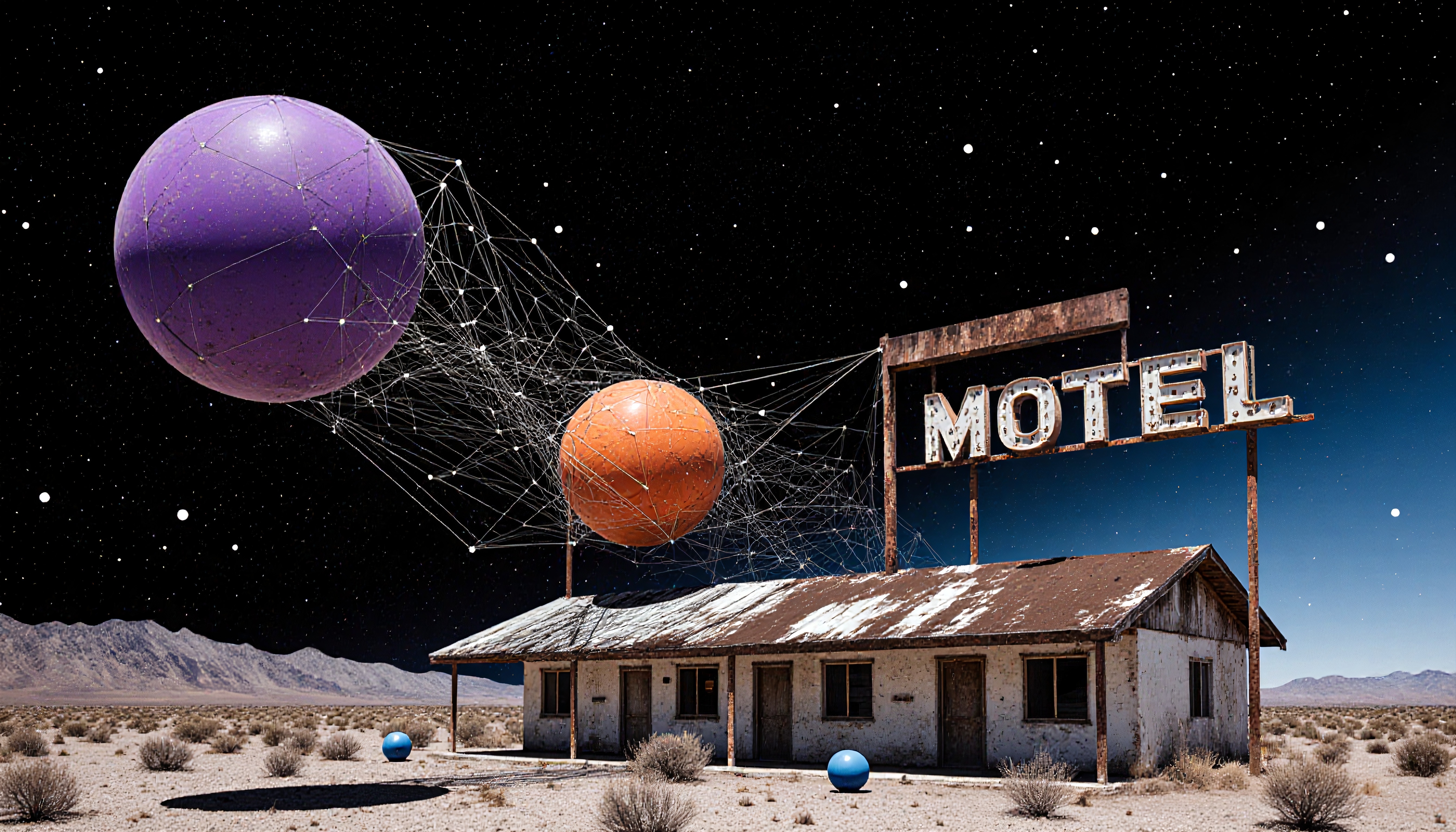 A surreal scene of an abandoned desert motel with cosmic spheres in the starry sky.