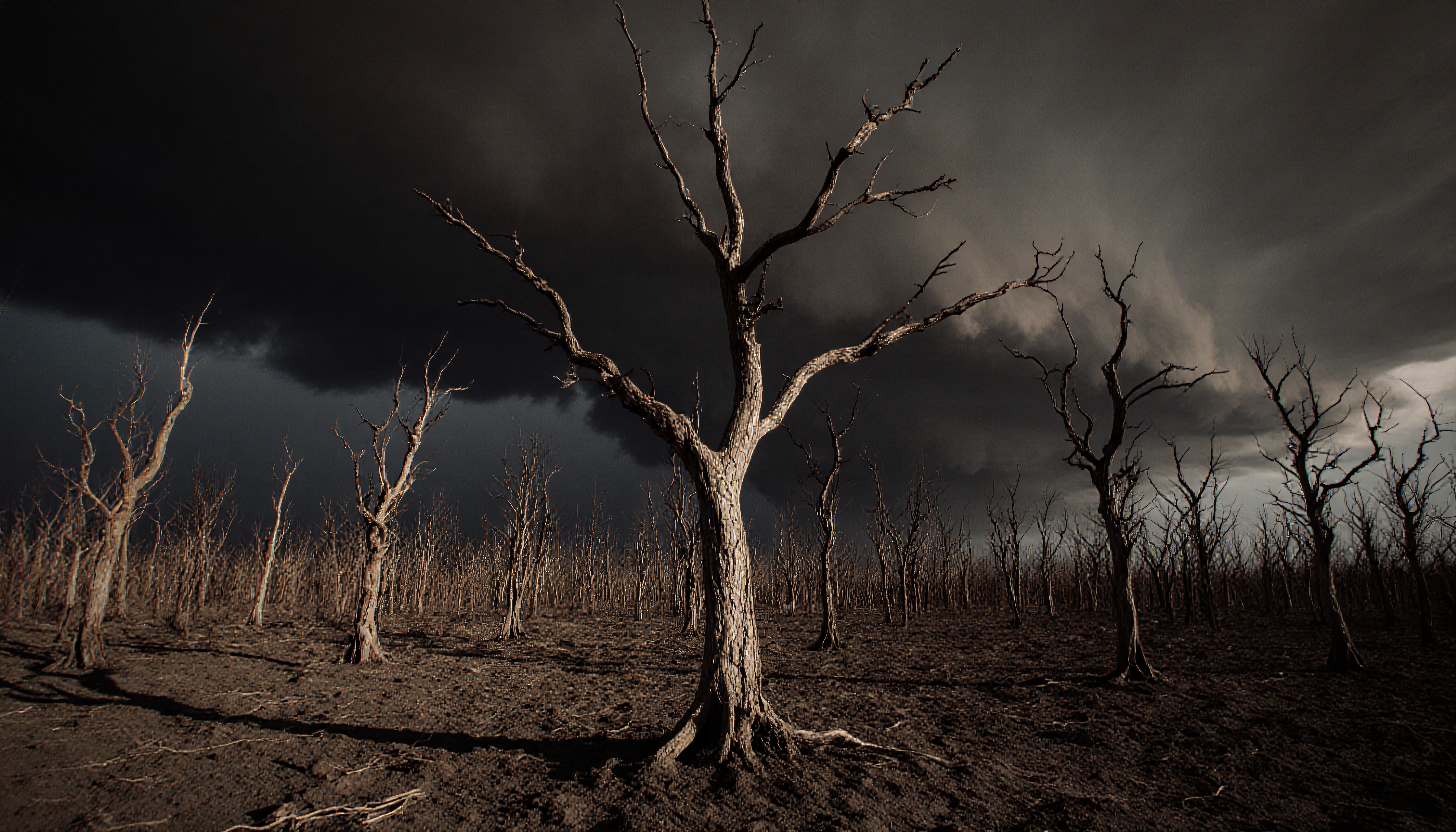 A leafless tree stands beneath dark storm clouds, illustrating nature's desolate beauty.